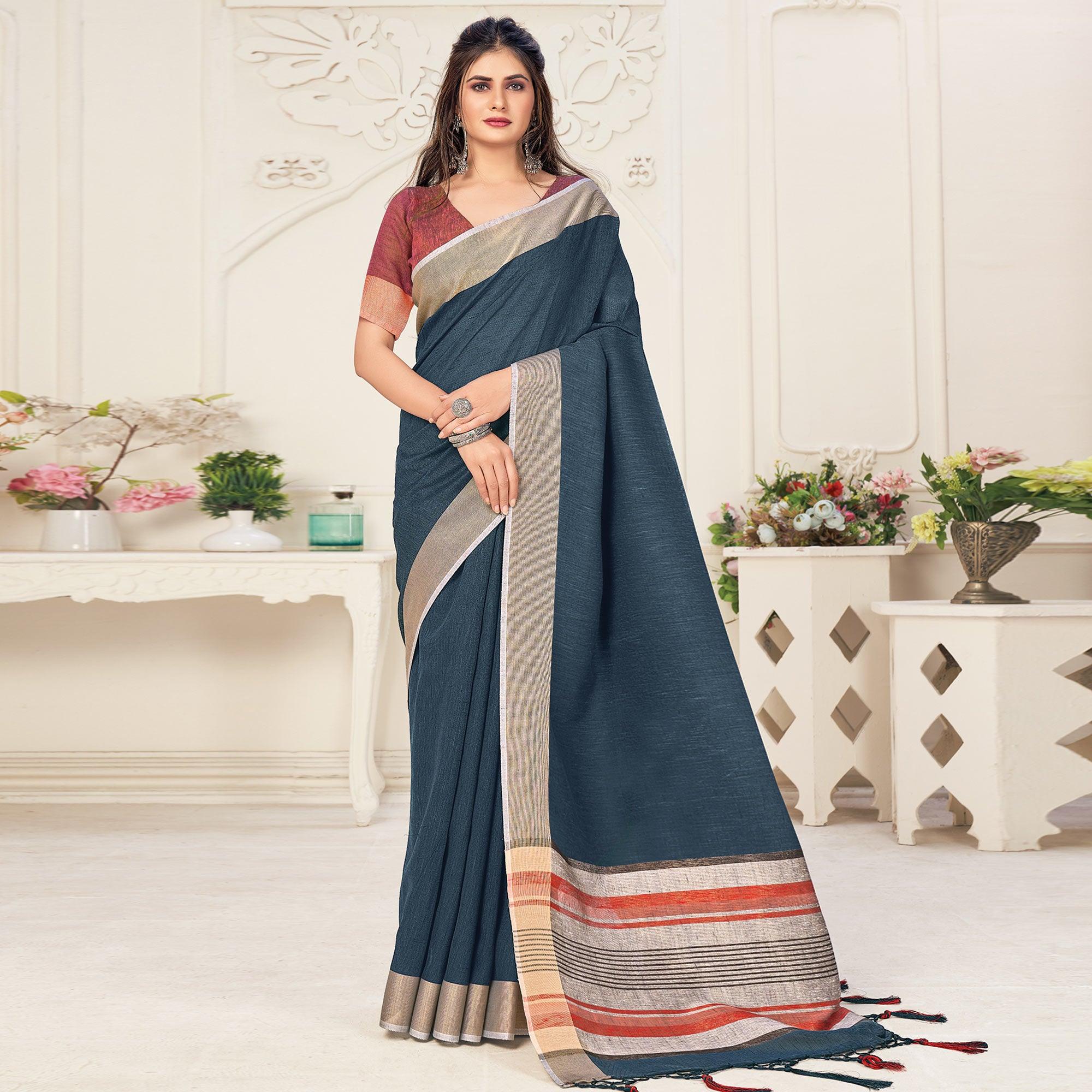 Teal Blue Festive Wear Solid Linen Saree - Peachmode