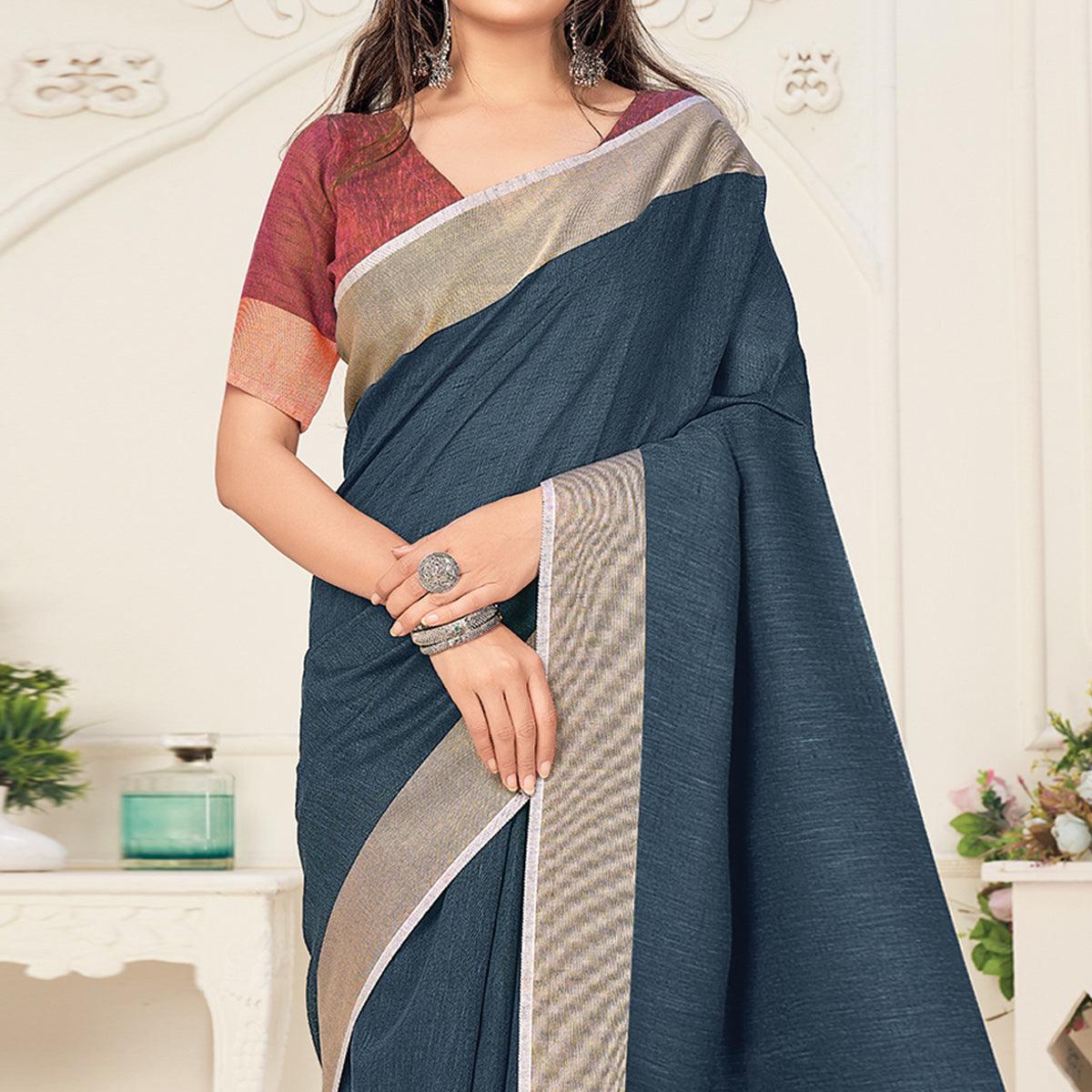 Teal Blue Festive Wear Solid Linen Saree - Peachmode