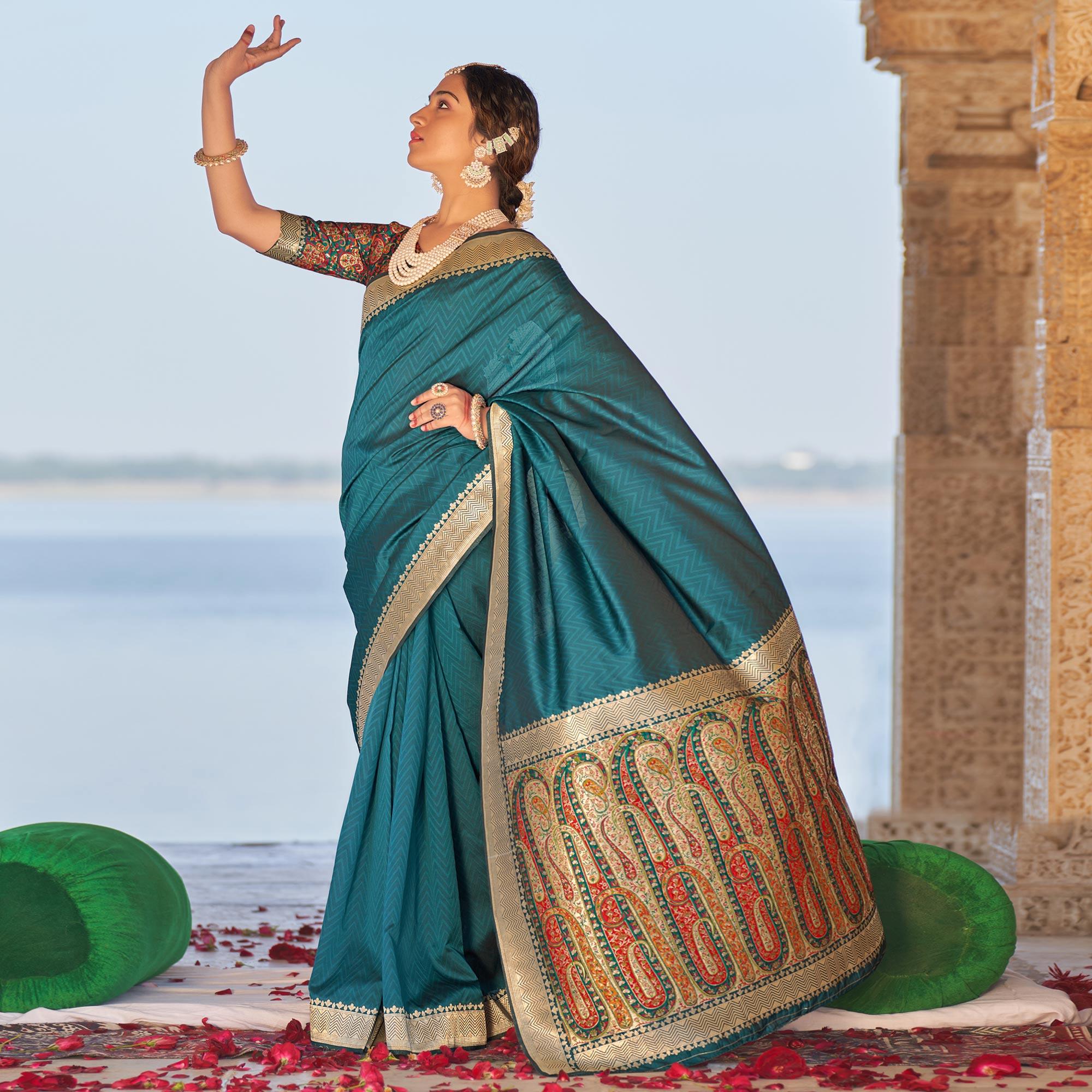 Teal Blue Festive Wear Woven Banarasi Silk Saree - Peachmode