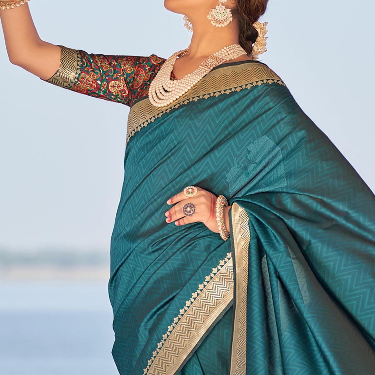 Teal Blue Festive Wear Woven Banarasi Silk Saree - Peachmode