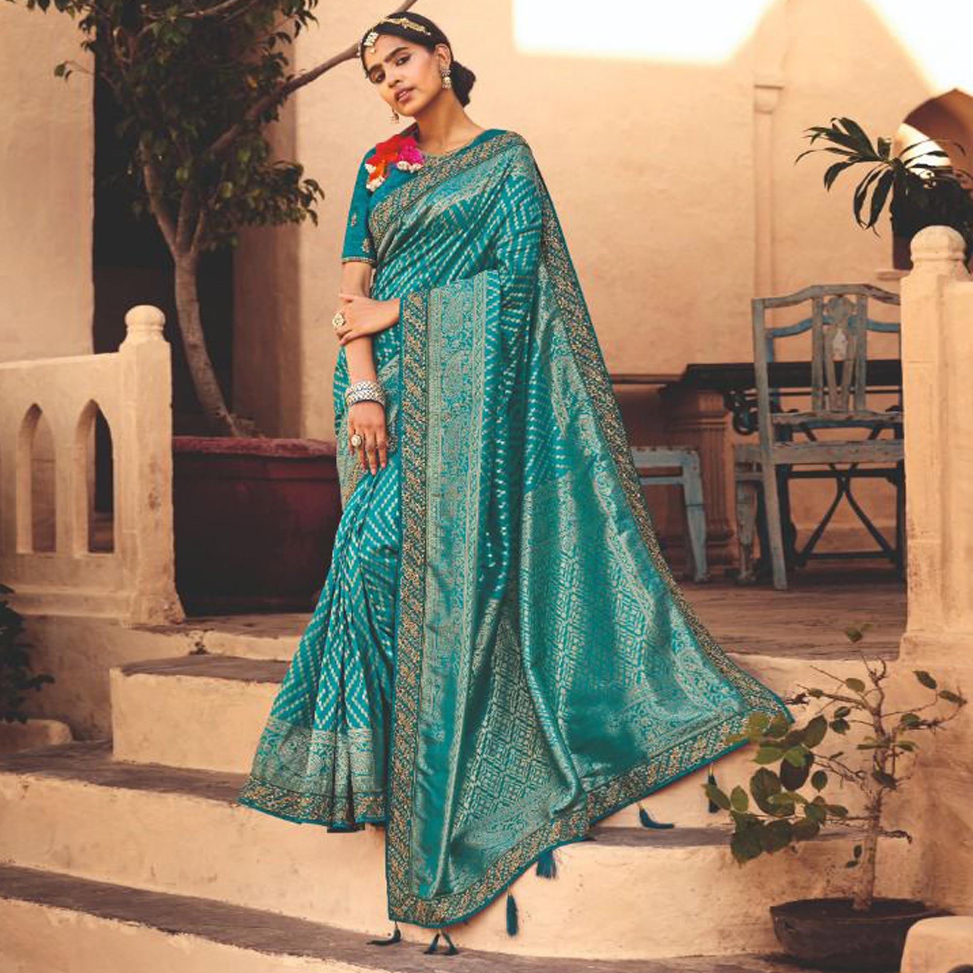 Teal Blue Festive Wear Woven Poly Silk Saree - Peachmode