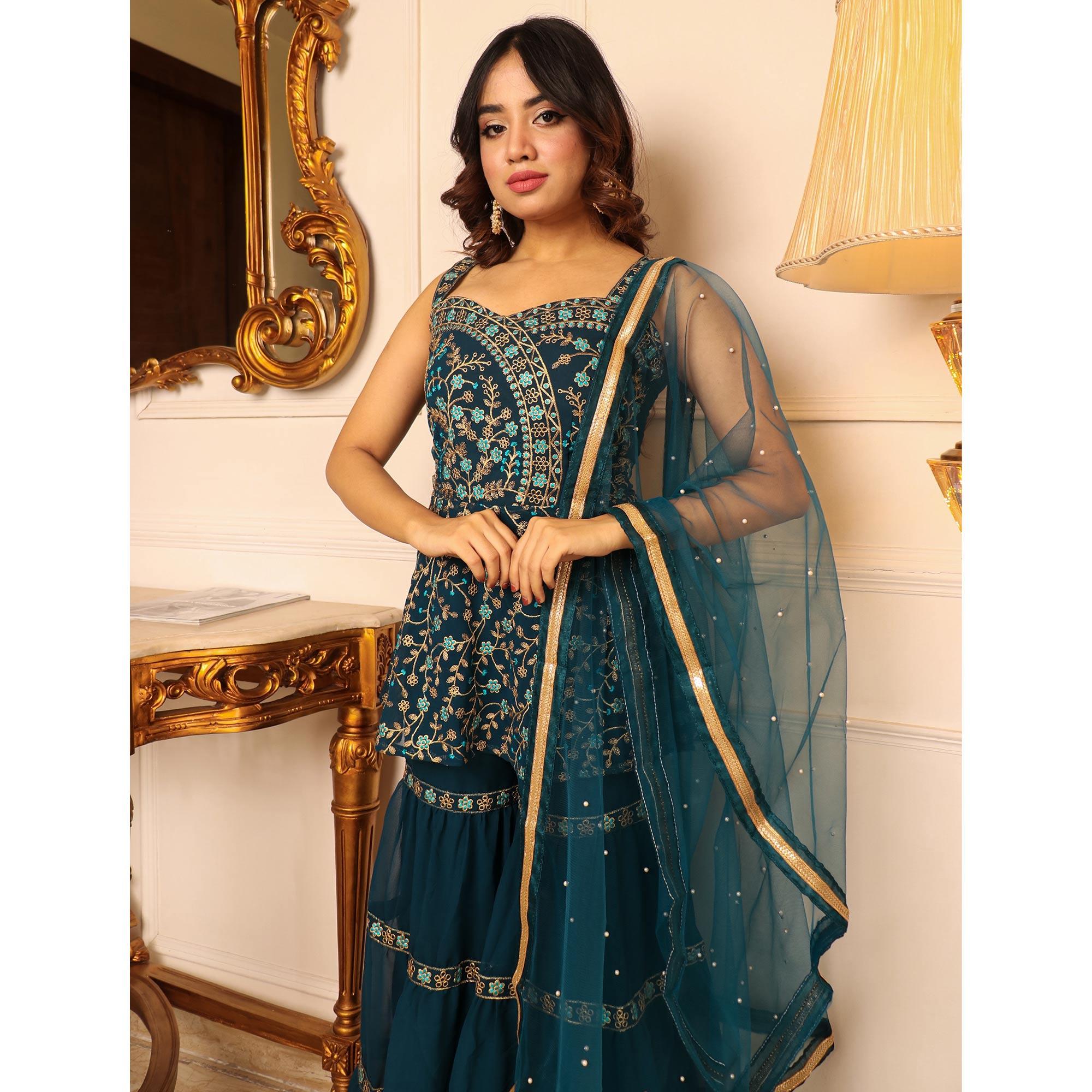 Teal Blue Floral Embroidered Georgette Sharara Suit - Peachmode