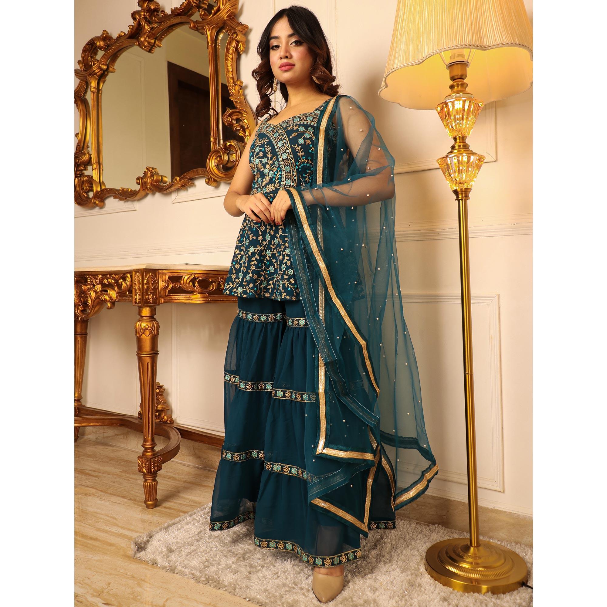 Teal Blue Floral Embroidered Georgette Sharara Suit - Peachmode