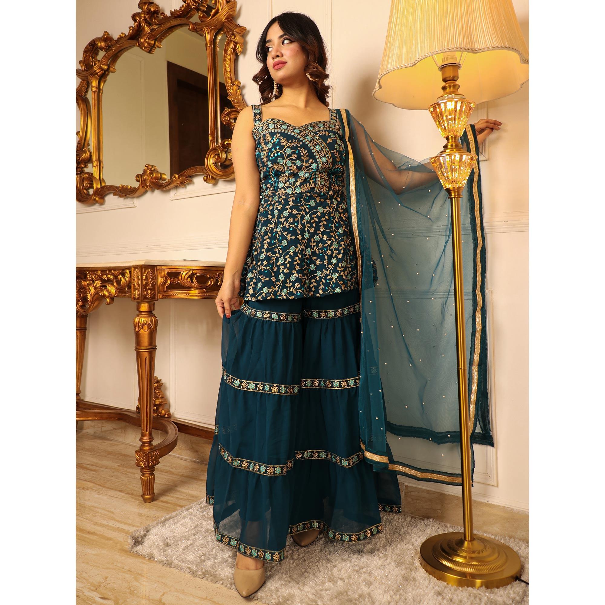 Teal Blue Floral Embroidered Georgette Sharara Suit - Peachmode