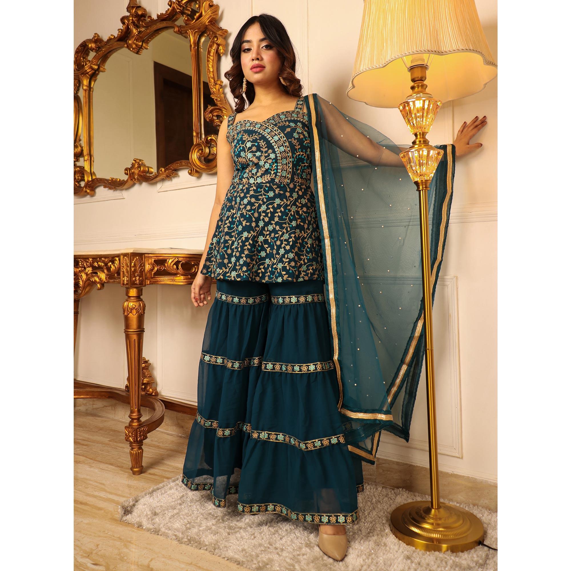 Teal Blue Floral Embroidered Georgette Sharara Suit - Peachmode