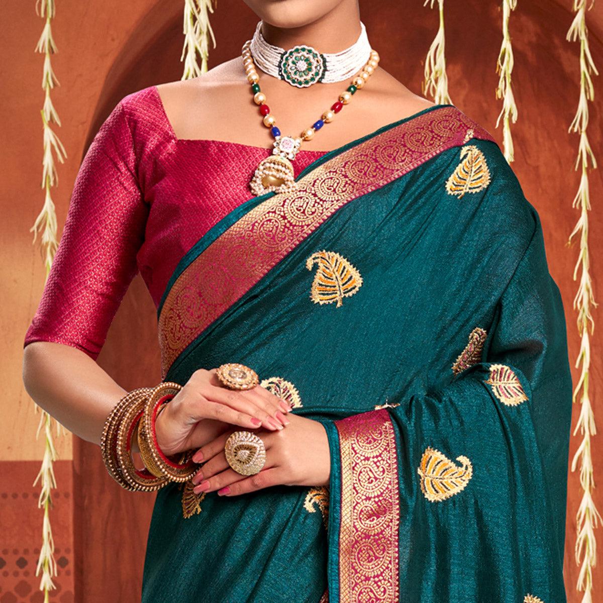 Teal Blue Floral Embroidered Vichitra Silk Saree - Peachmode