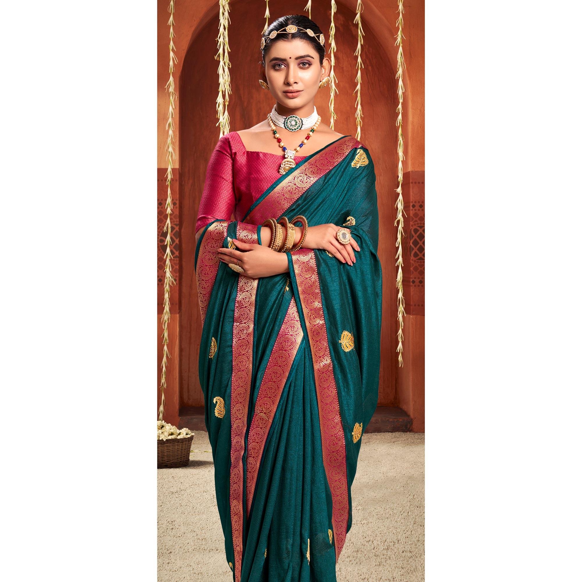 Teal Blue Floral Embroidered Vichitra Silk Saree - Peachmode
