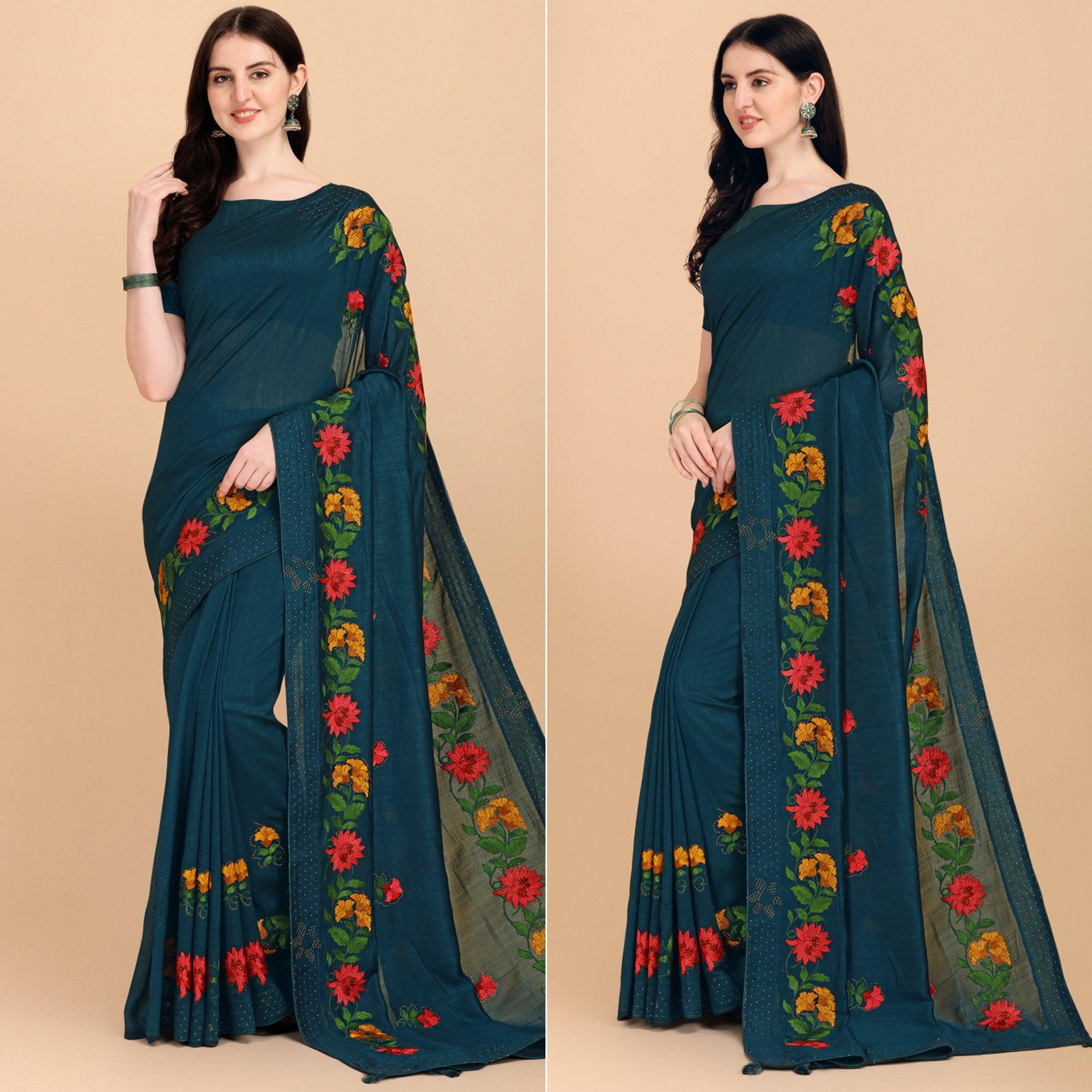 Teal Blue Floral Embroidered With Stonework Vichitra Silk Saree - Peachmode