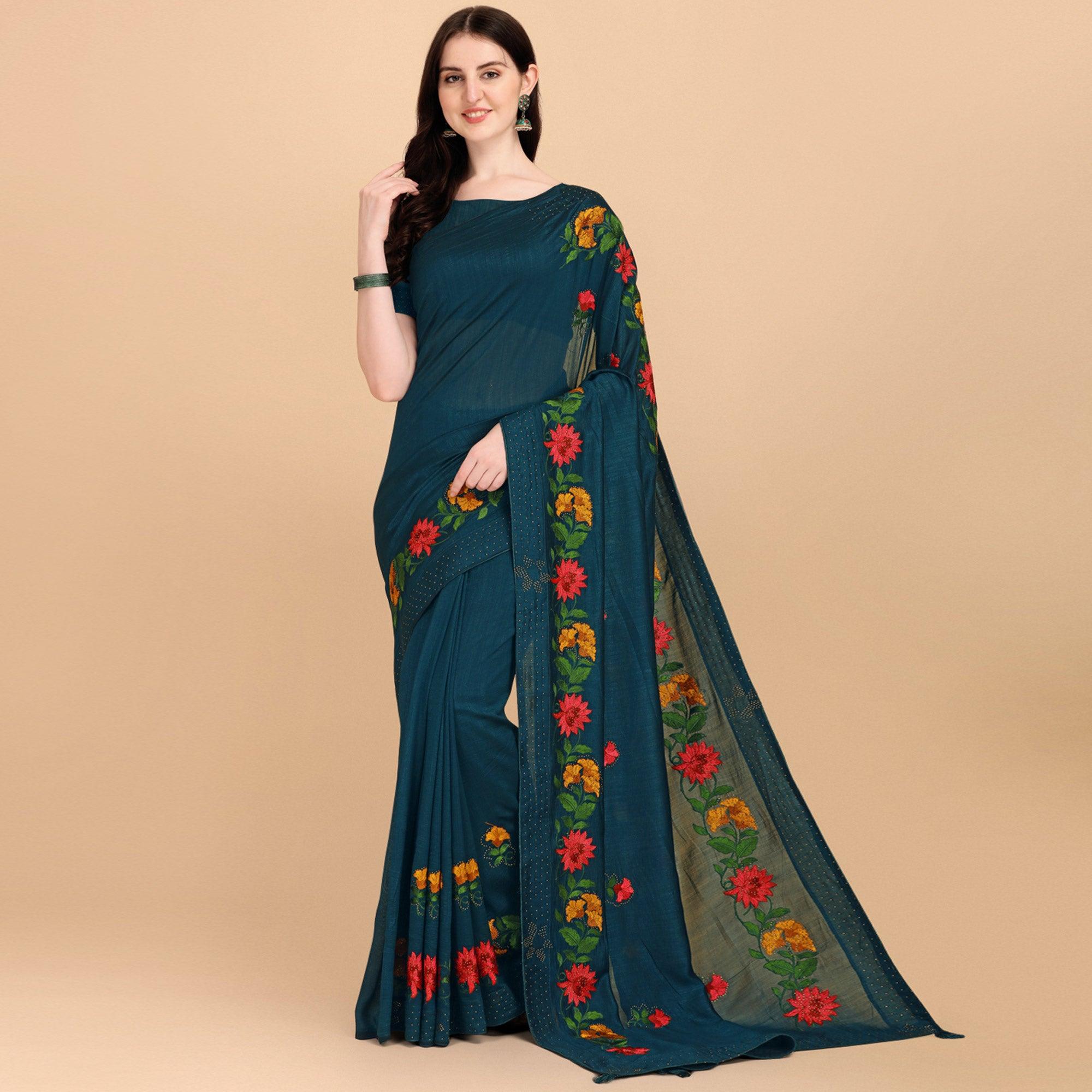 Teal Blue Floral Embroidered With Stonework Vichitra Silk Saree - Peachmode