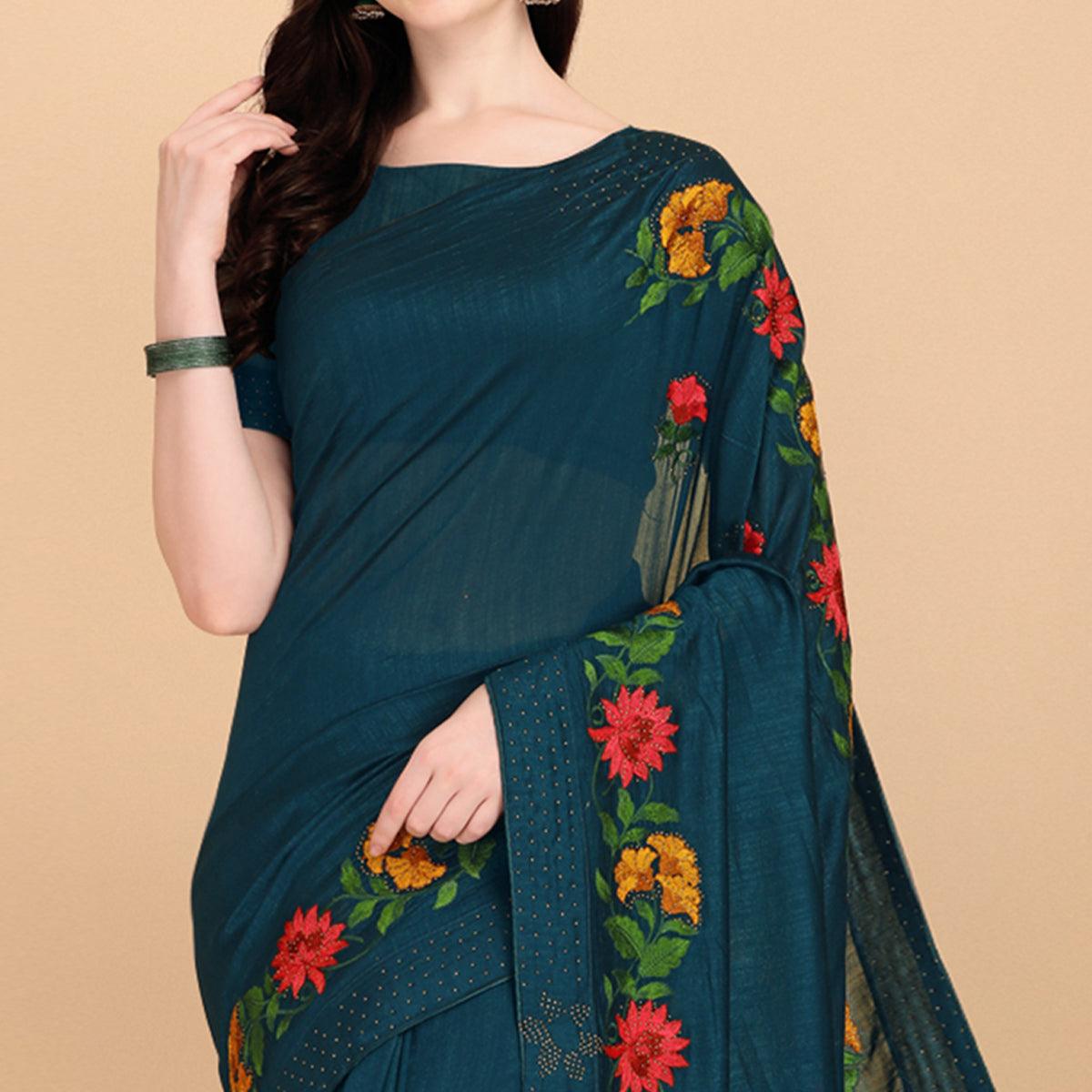 Teal Blue Floral Embroidered With Stonework Vichitra Silk Saree - Peachmode