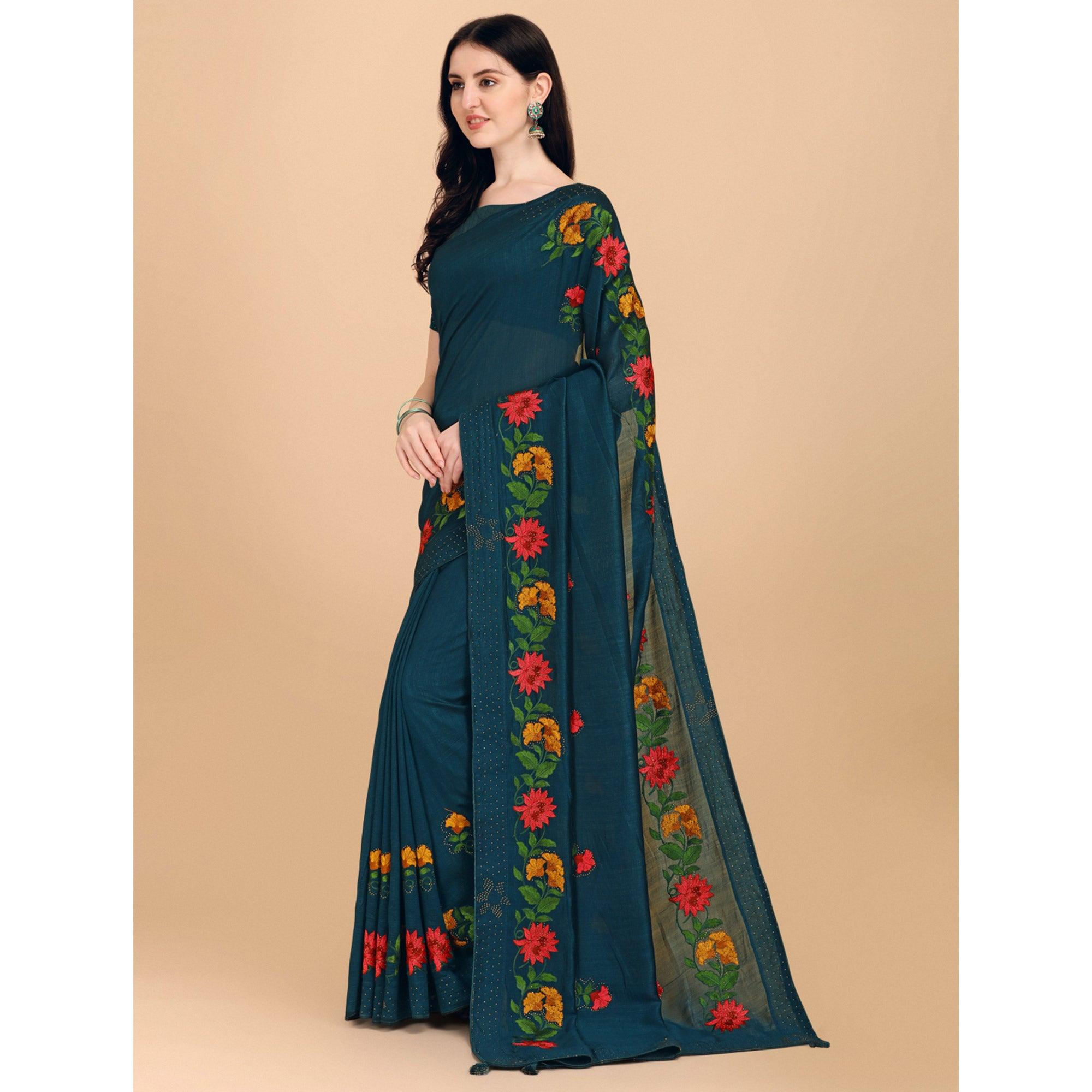 Teal Blue Floral Embroidered With Stonework Vichitra Silk Saree - Peachmode