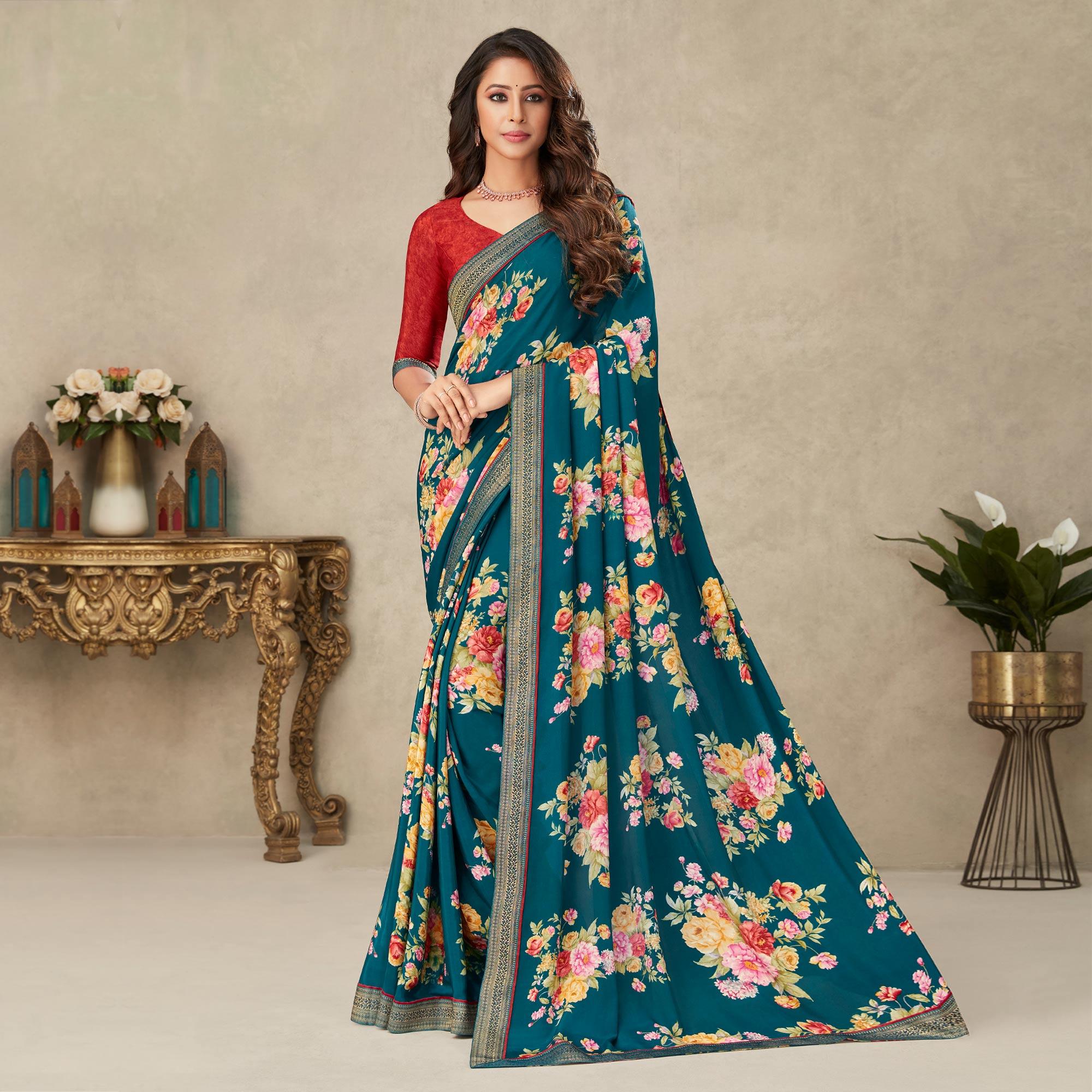 Teal Blue Floral Printed Crepe Saree - Peachmode