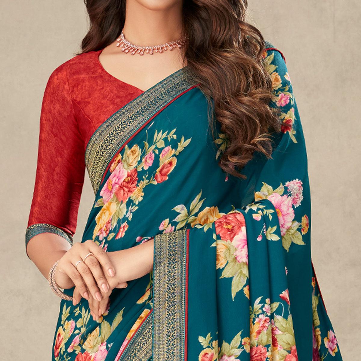 Teal Blue Floral Printed Crepe Saree - Peachmode