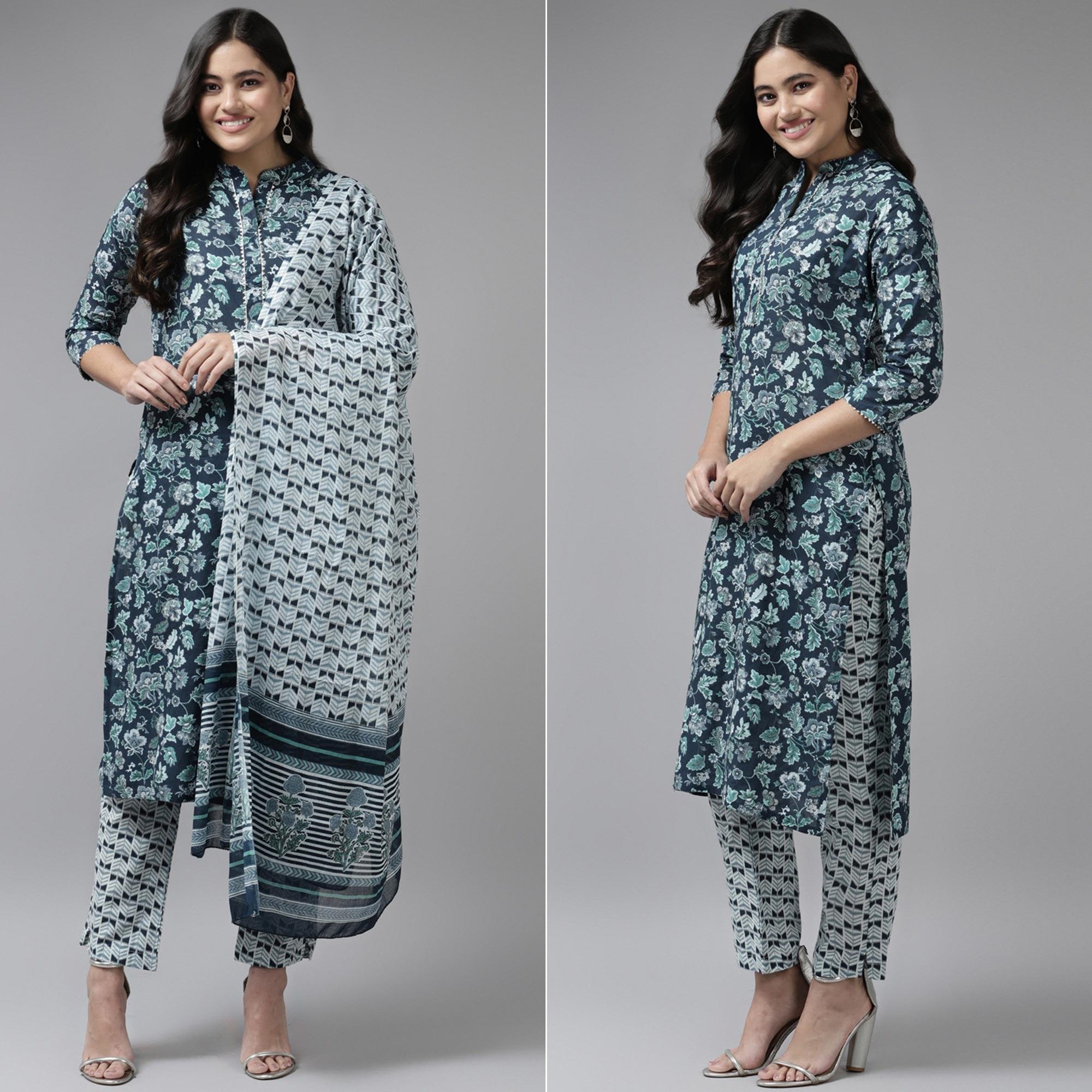 Teal Blue Floral Printed Pure Cotton Salwar Suit - Peachmode