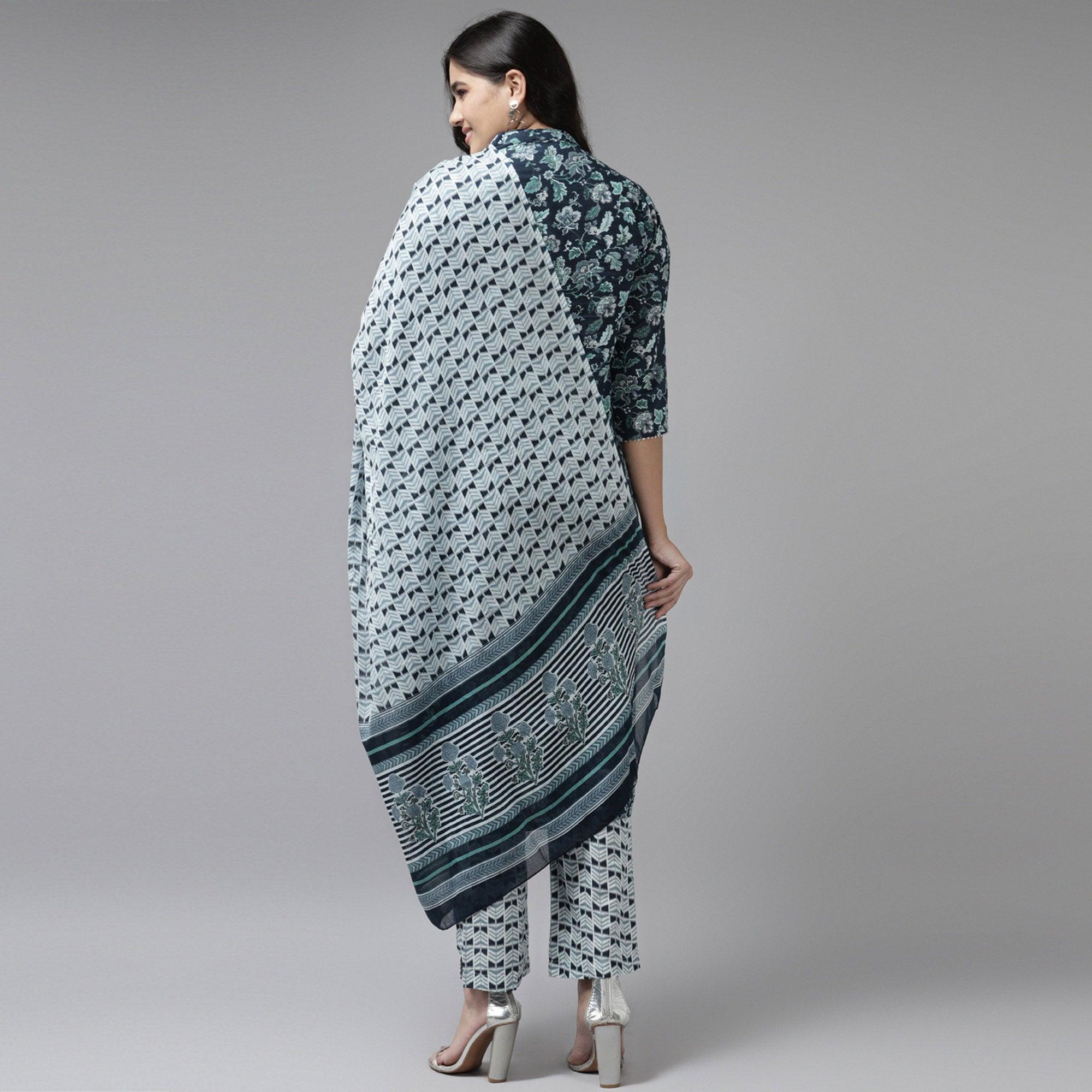 Teal Blue Floral Printed Pure Cotton Salwar Suit - Peachmode