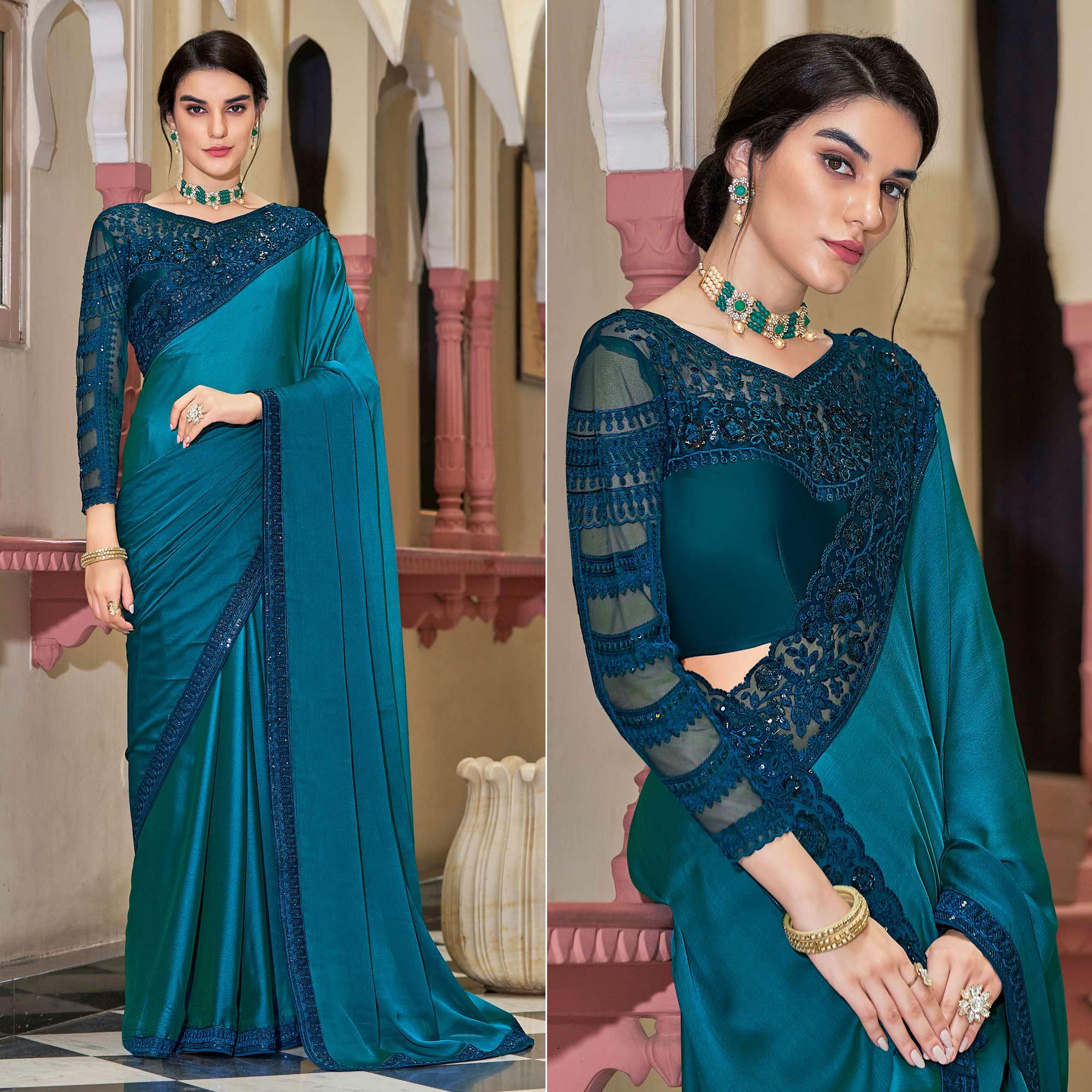 Teal Blue Floral Sequence Embroidered Art Silk Saree - Peachmode