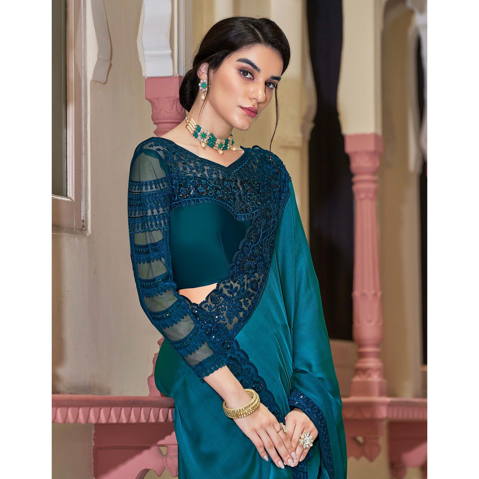 Teal Blue Floral Sequence Embroidered Art Silk Saree - Peachmode