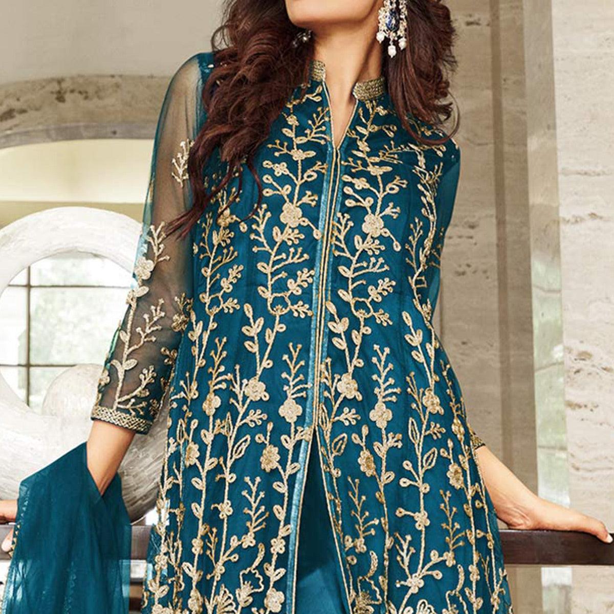 Teal Blue Floral Sequence Embroidered Net Suit - Peachmode