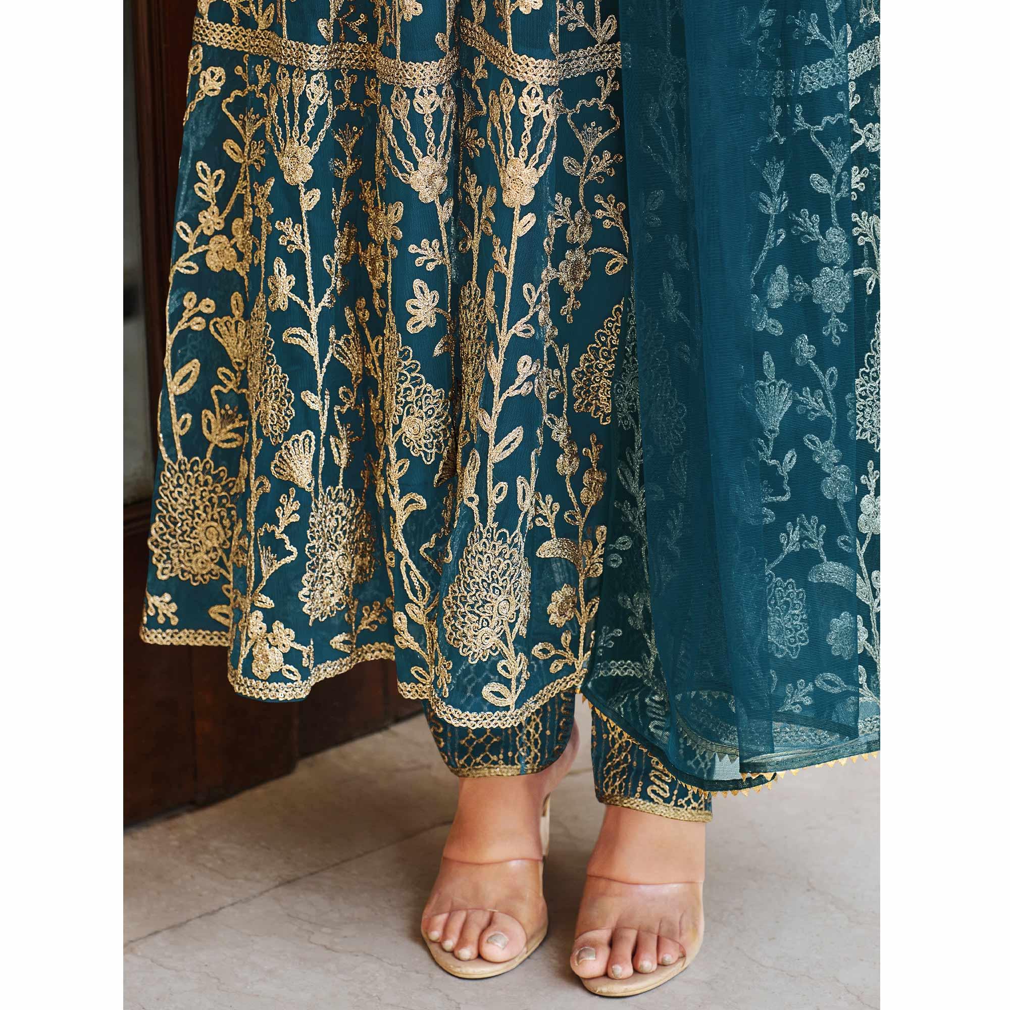 Teal Blue Floral Sequence Embroidered Net Suit - Peachmode