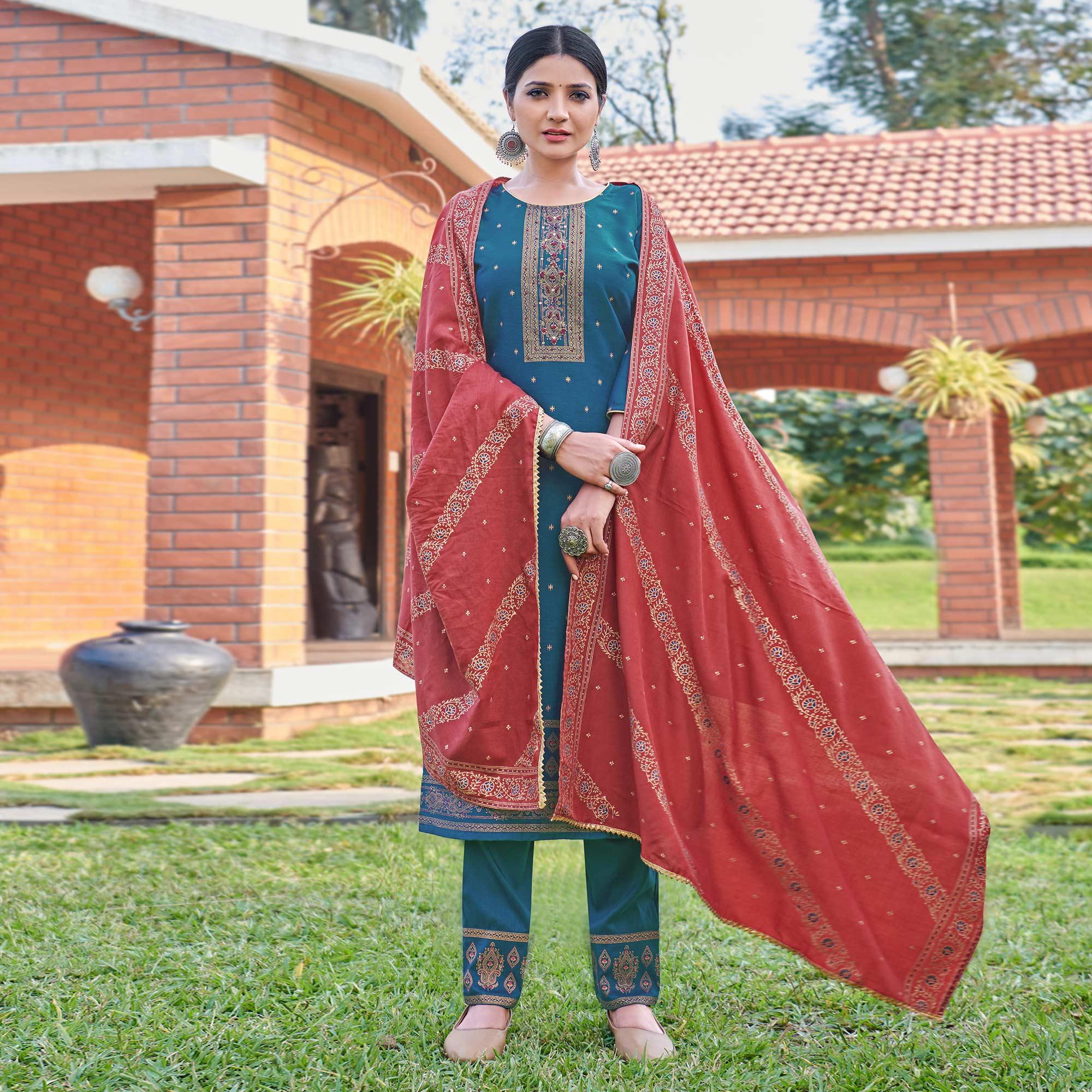 Teal Blue Foil Printed Rayon Silk Partywear Suit - Peachmode
