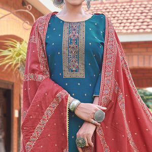 Teal Blue Foil Printed Rayon Silk Partywear Suit - Peachmode