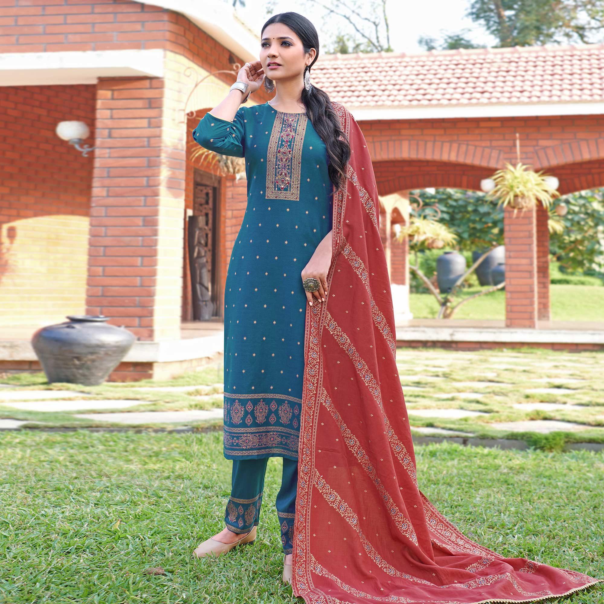 Teal Blue Foil Printed Rayon Silk Partywear Suit - Peachmode