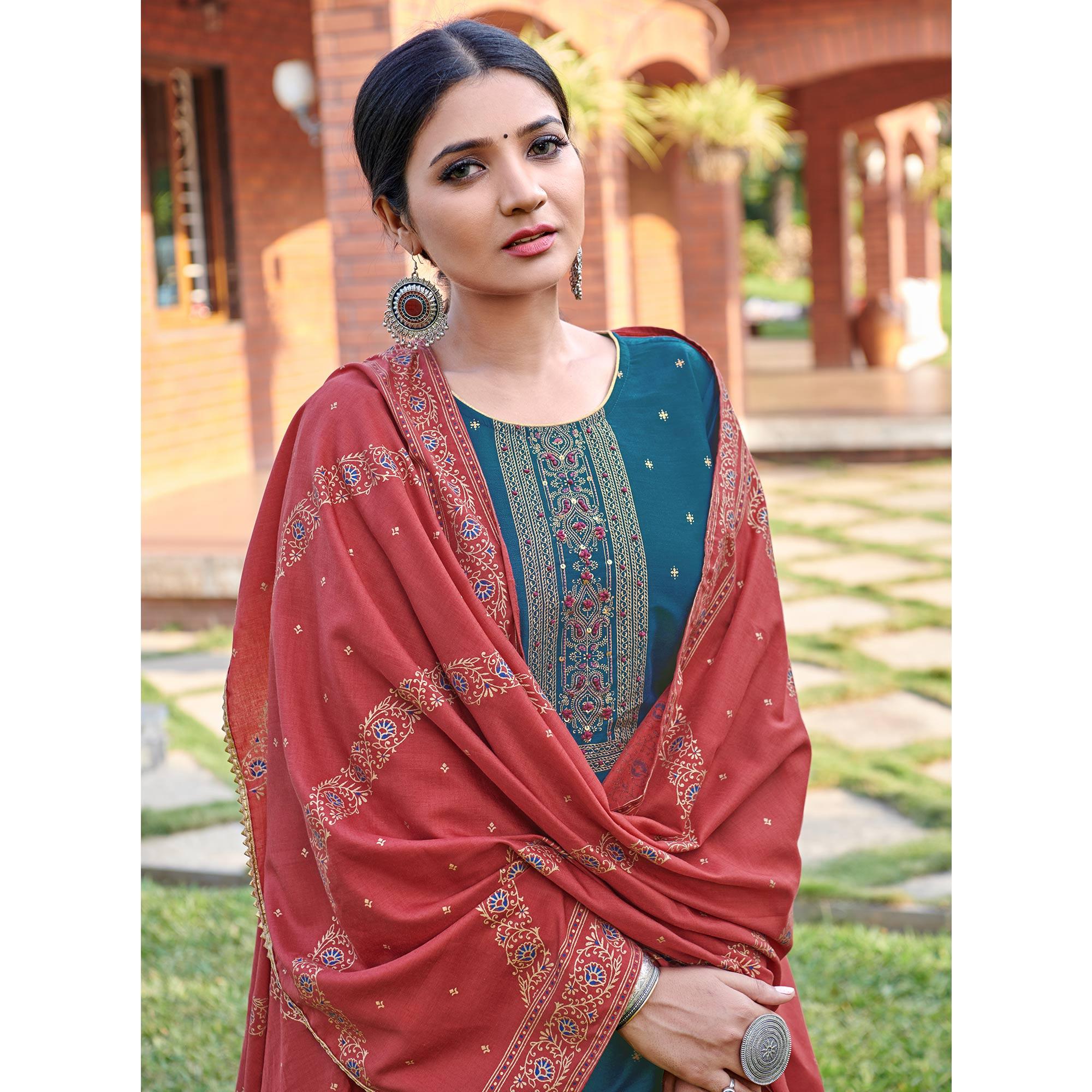 Teal Blue Foil Printed Rayon Silk Partywear Suit - Peachmode