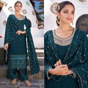 Teal Blue Party Wear Heavy Embroidered Georgette Suit - Peachmode