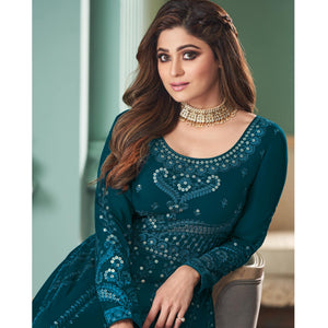 Teal Blue Partywear Embroidered Georgette Gown - Peachmode