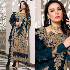 Teal Blue Partywear Embroidered Resham Work Georgette Pakistani Suit - Peachmode