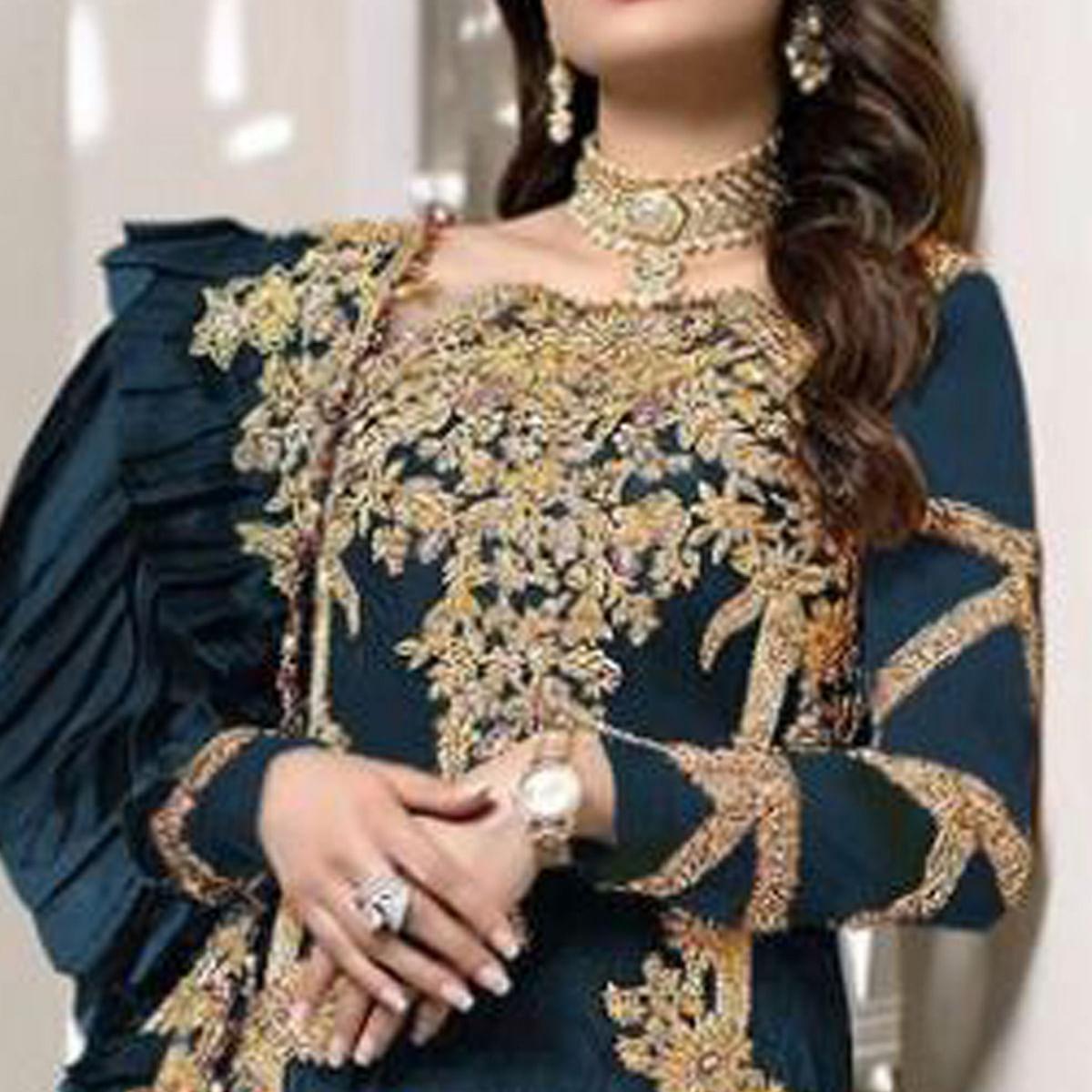 Teal Blue Partywear Embroidered Resham Work Georgette Pakistani Suit - Peachmode
