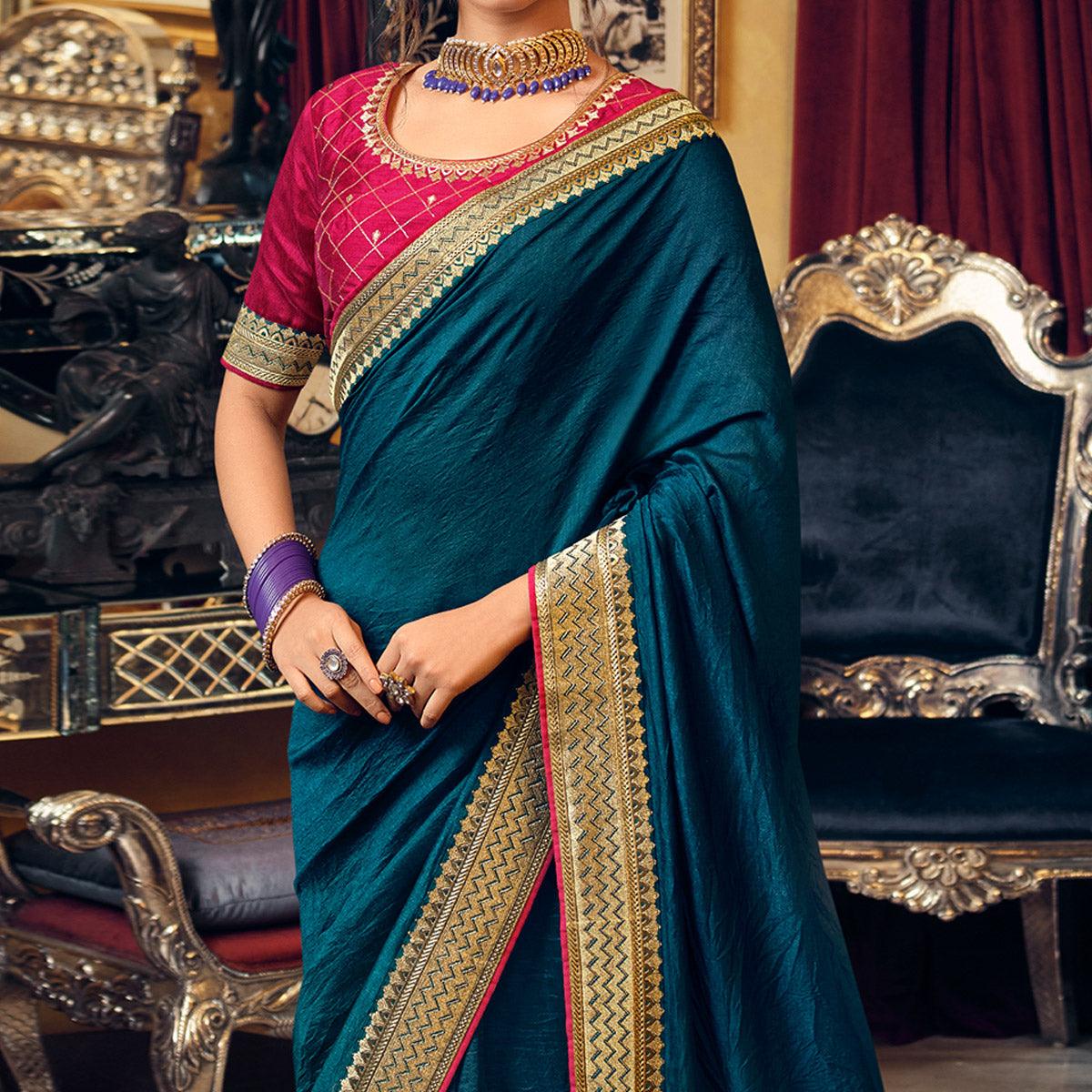 Teal Blue Partywear Embroidered Silk Saree - Peachmode