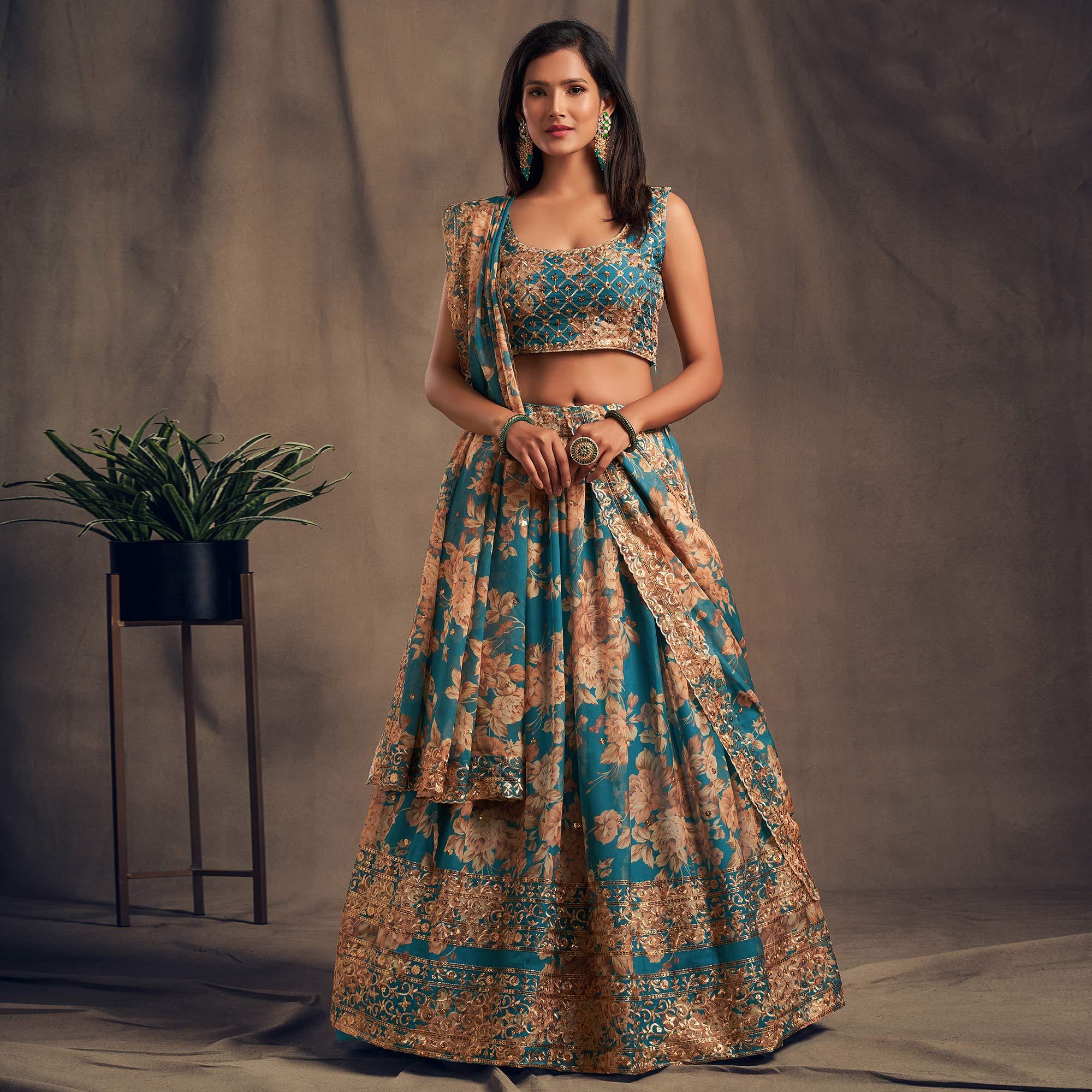 Teal Blue Partywear Floral Print With Sequin Zari Embroidered Organza Lehenga Choli - Peachmode