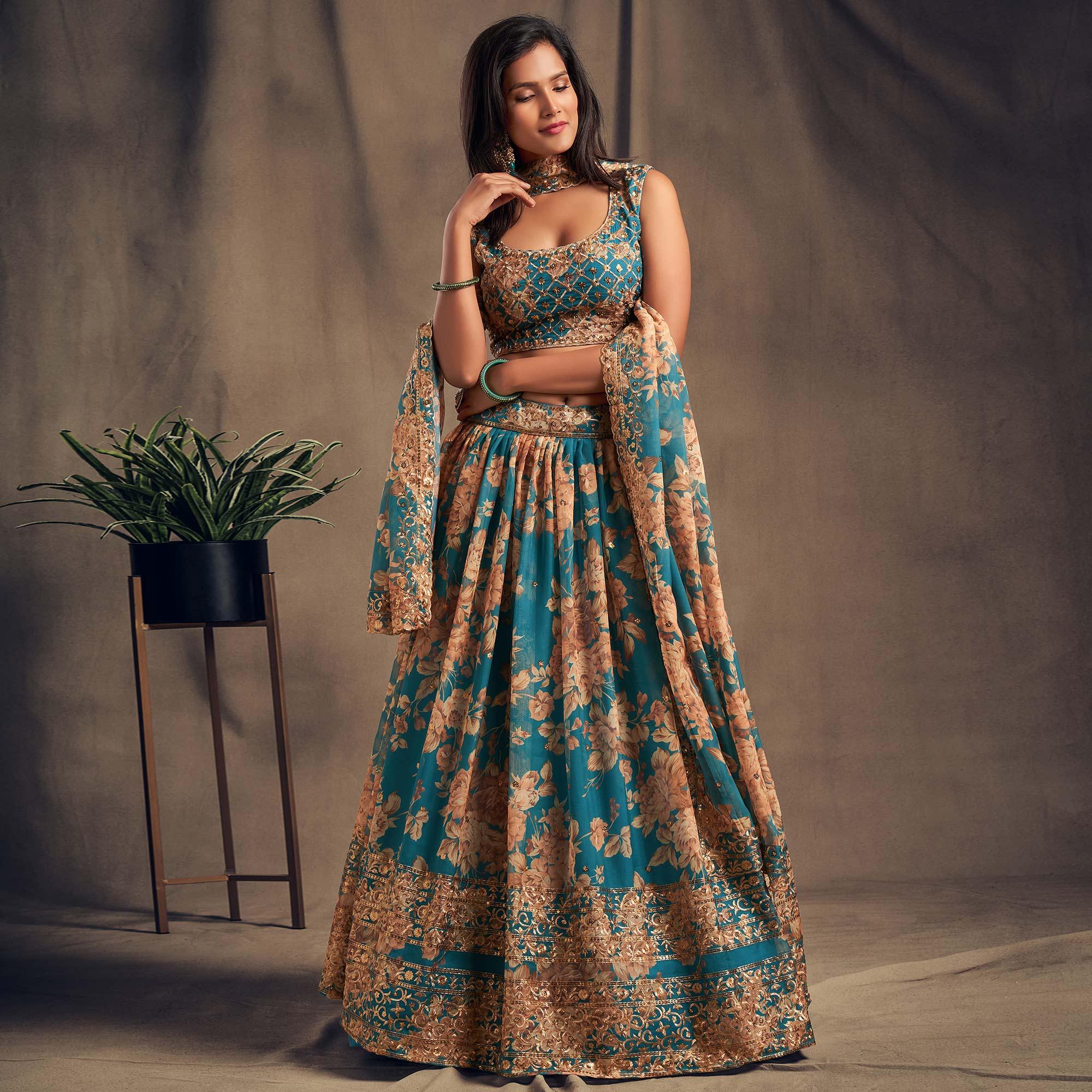 Teal Blue Partywear Floral Print With Sequin Zari Embroidered Organza Lehenga Choli - Peachmode