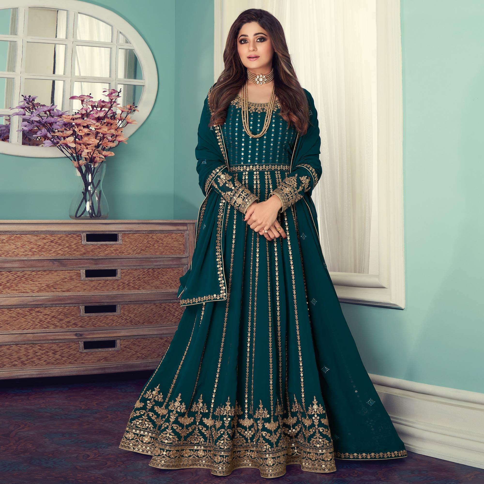 Teal Blue Partywear Heavy Embroidered Georgette Anarkali Suit - Peachmode