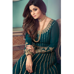 Teal Blue Partywear Heavy Embroidered Georgette Anarkali Suit - Peachmode
