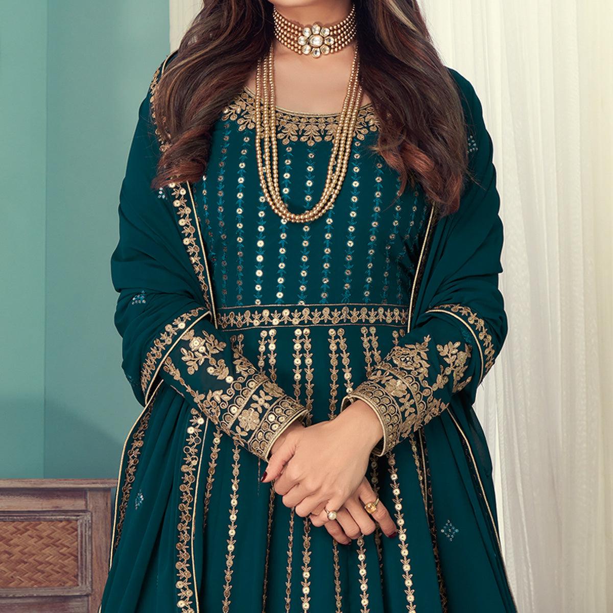 Teal Blue Partywear Heavy Embroidered Georgette Anarkali Suit - Peachmode