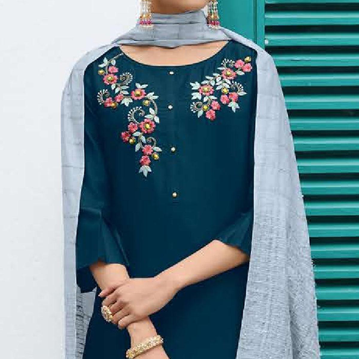 Teal Blue Partywear Heavy Hand Work Bember Silk Suit - Peachmode