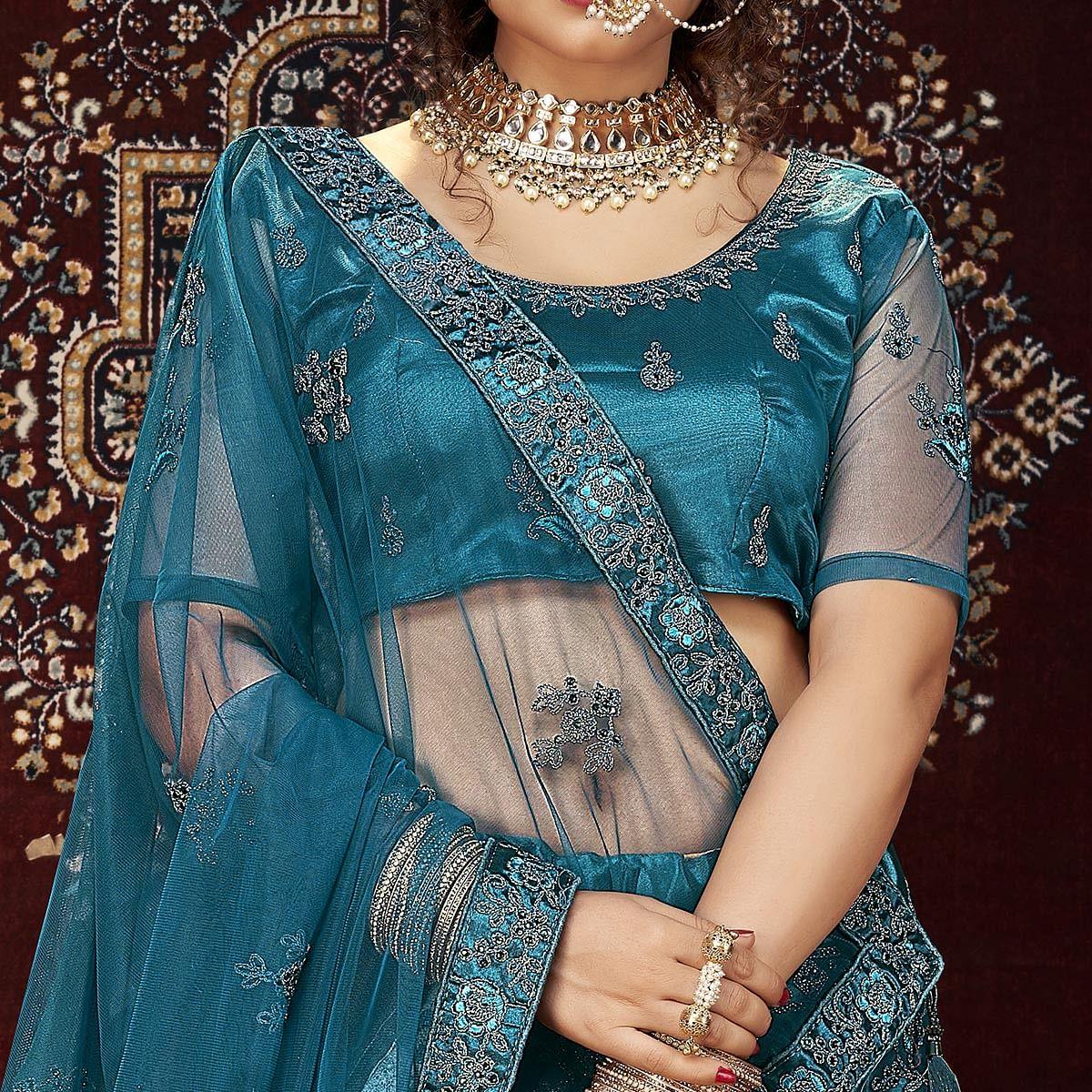 Teal Blue Partywear Multi Sequence Embroidered Net Lehenga Choli - Peachmode