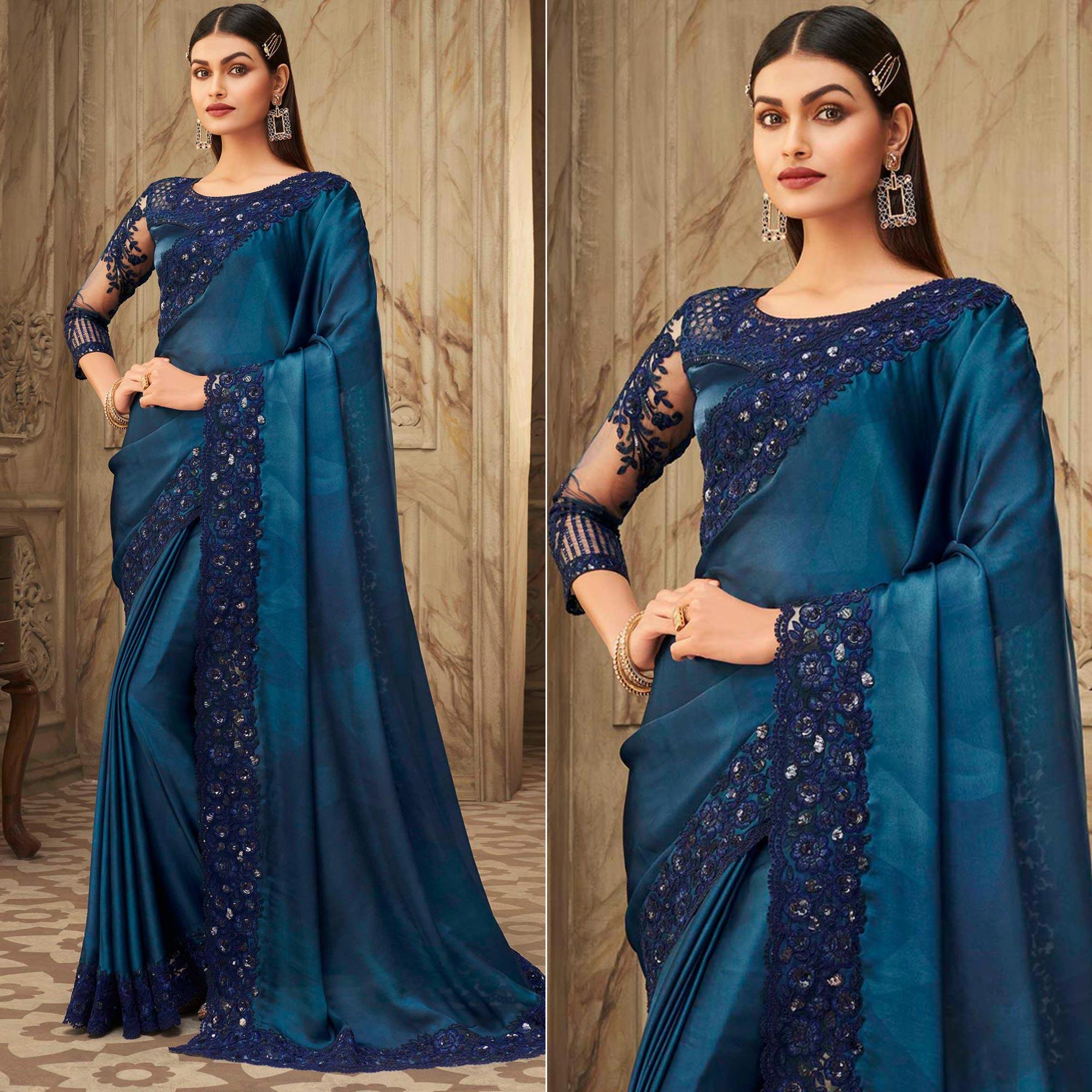 Teal Blue Partywear Sequence Embroidered Silk Saree - Peachmode