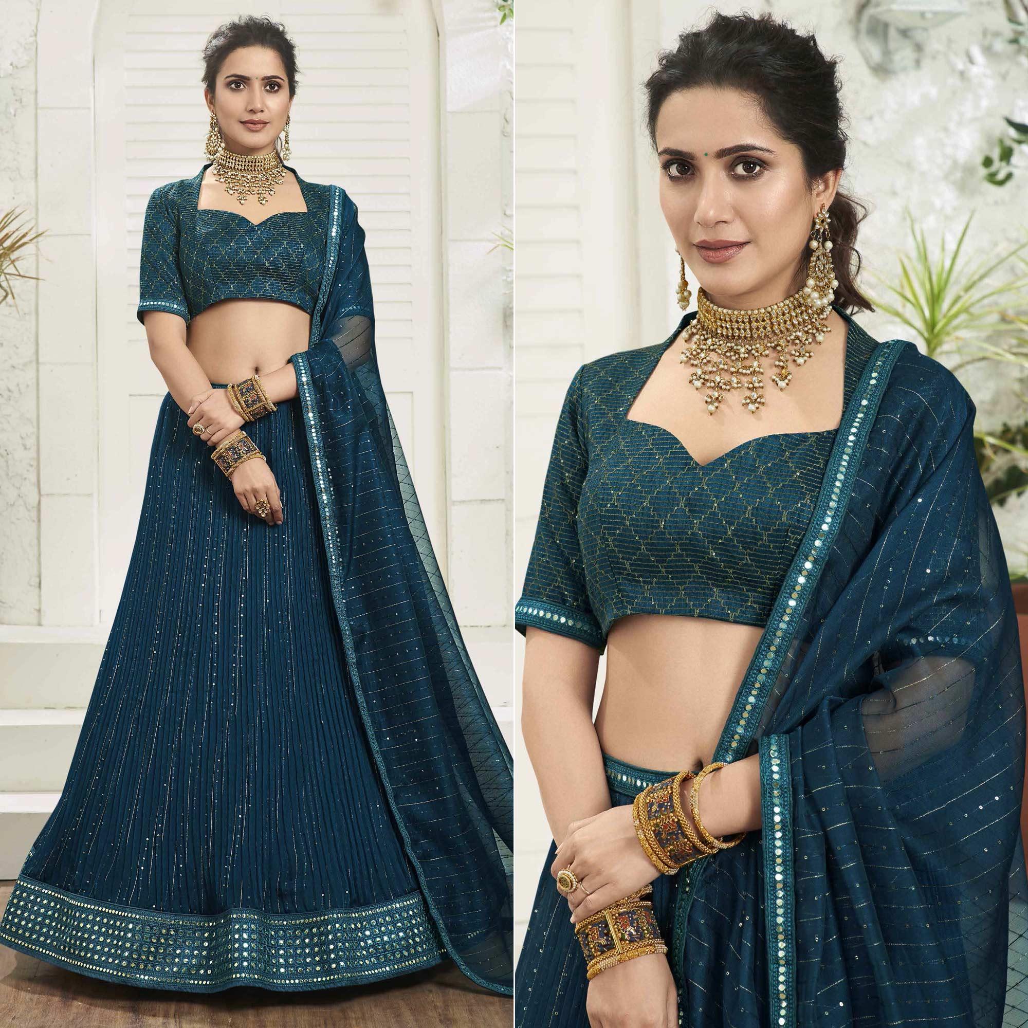 Teal Blue Partywear Zari Sequence Embroidered Organza Lehenga Choli - Peachmode