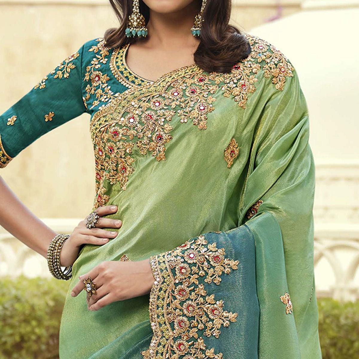 Teal Blue - Pista Green Party Wear Embroidered Satin Saree - Peachmode
