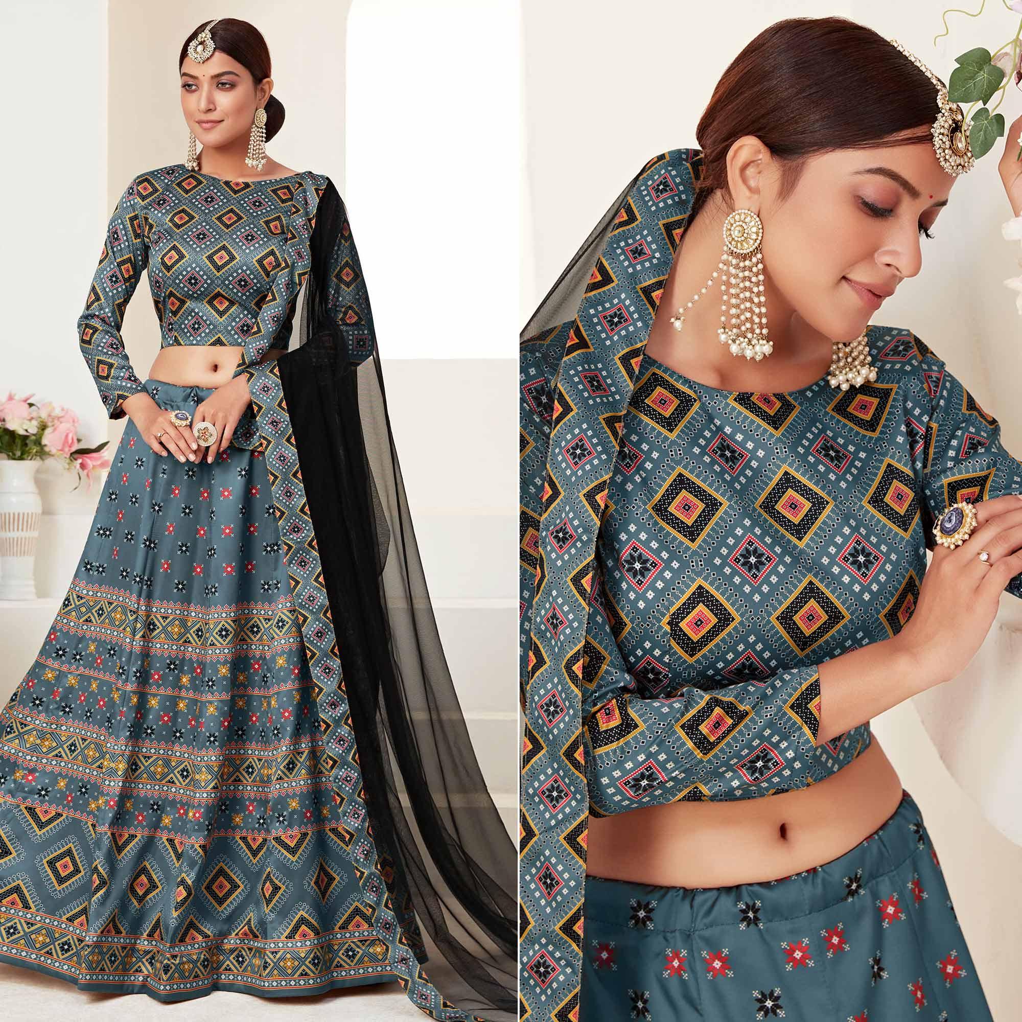 Teal Blue Printed Art Silk Lehenga Choli - Peachmode