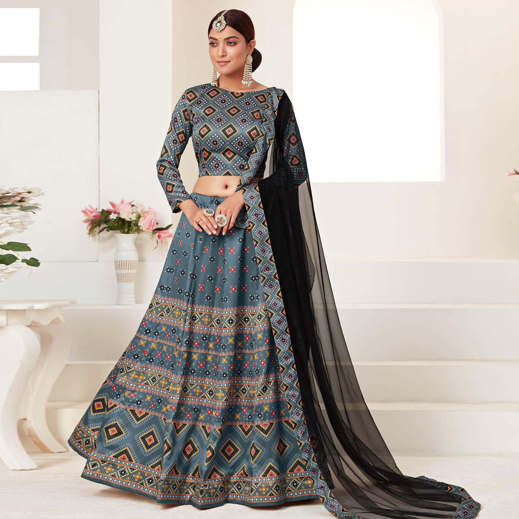 Teal Blue Printed Art Silk Lehenga Choli - Peachmode