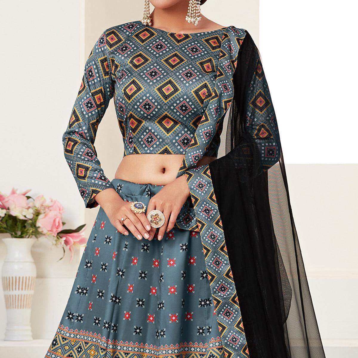 Teal Blue Printed Art Silk Lehenga Choli - Peachmode
