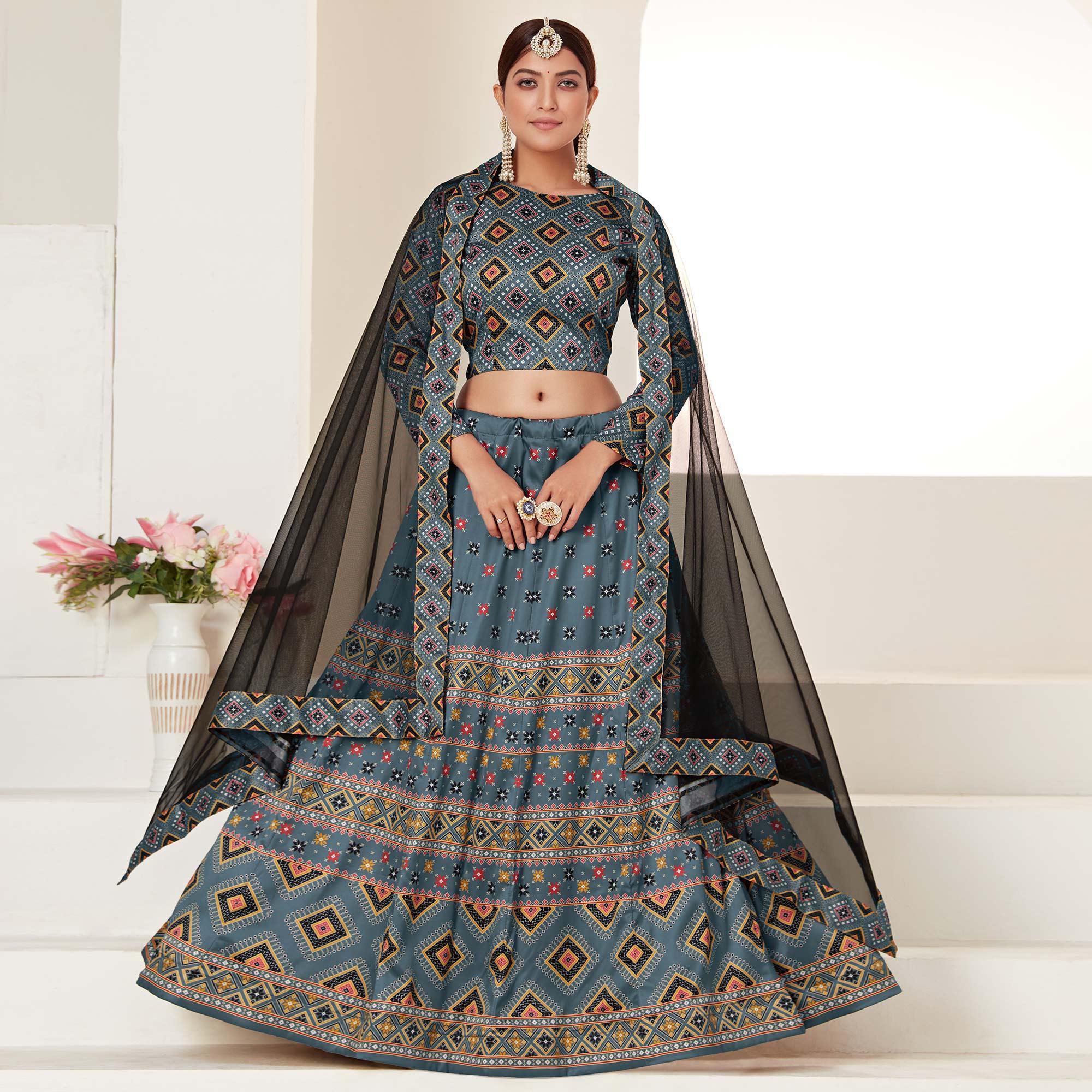 Teal Blue Printed Art Silk Lehenga Choli - Peachmode