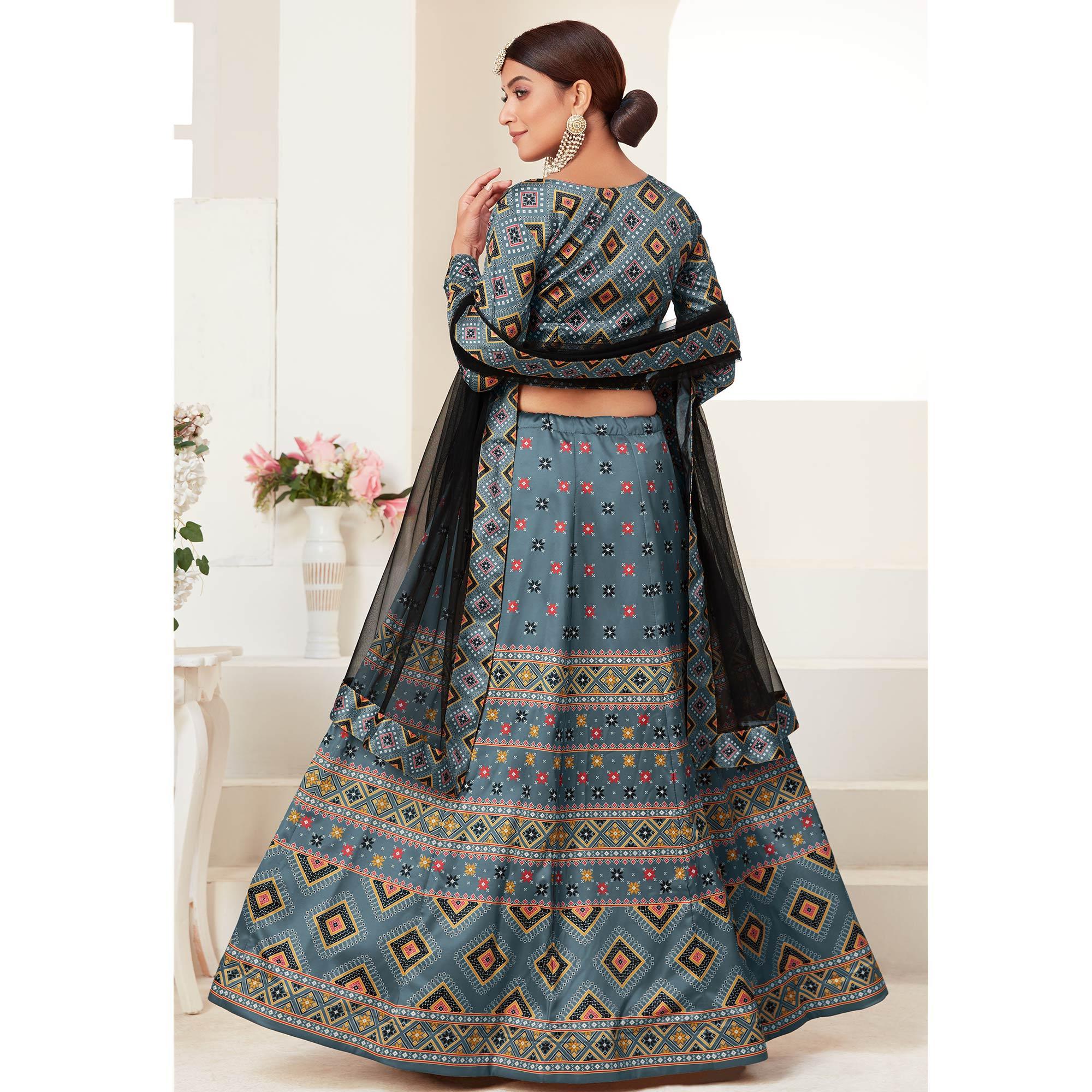 Teal Blue Printed Art Silk Lehenga Choli - Peachmode