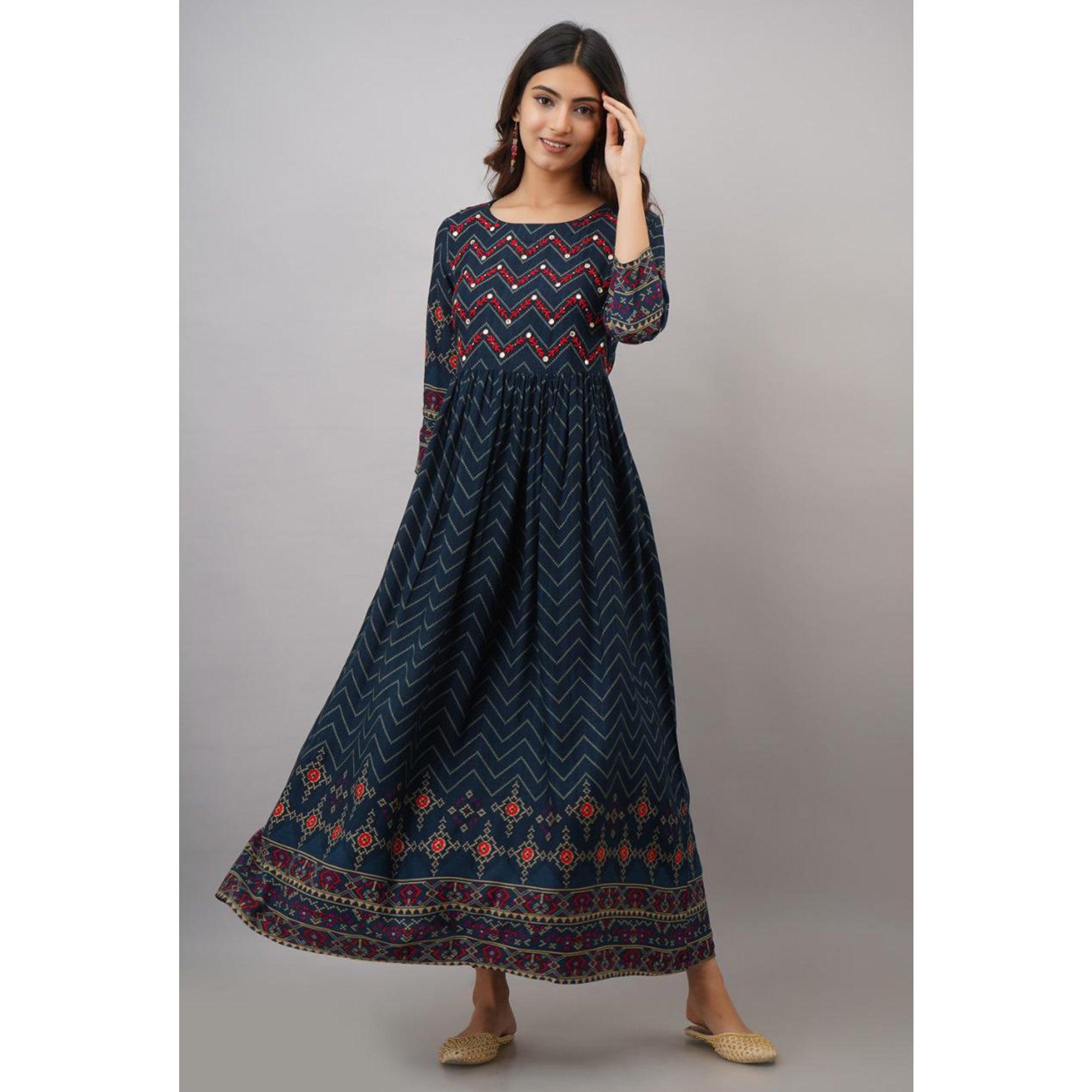 Teal Blue Printed-Embroidered Rayon Long Kurti - Peachmode