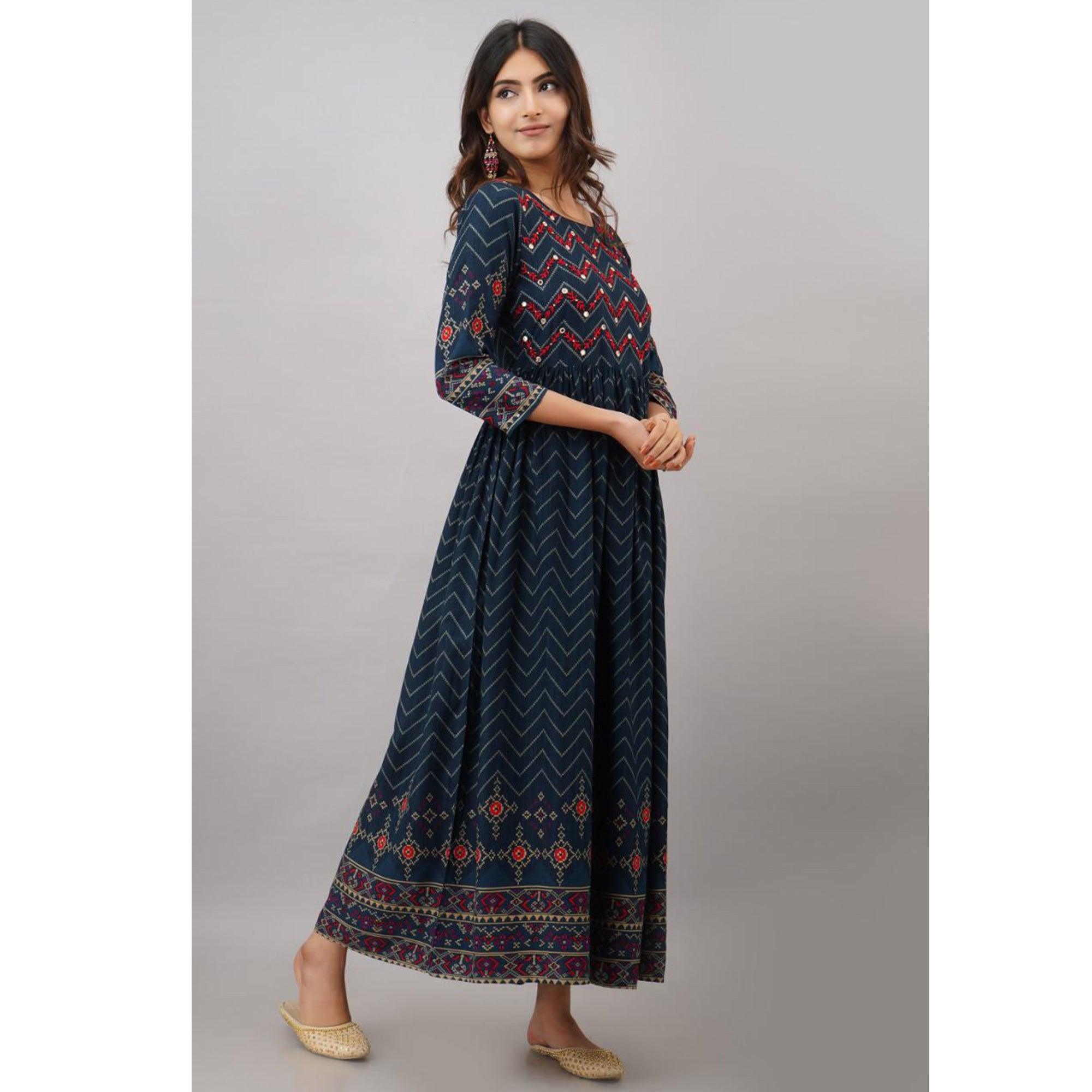 Teal Blue Printed-Embroidered Rayon Long Kurti - Peachmode
