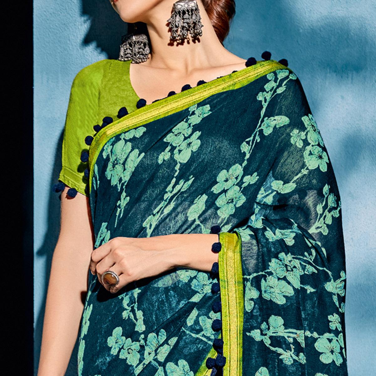 Teal Blue Printed Poly Cotton Saree With Pumpum Lace - Peachmode